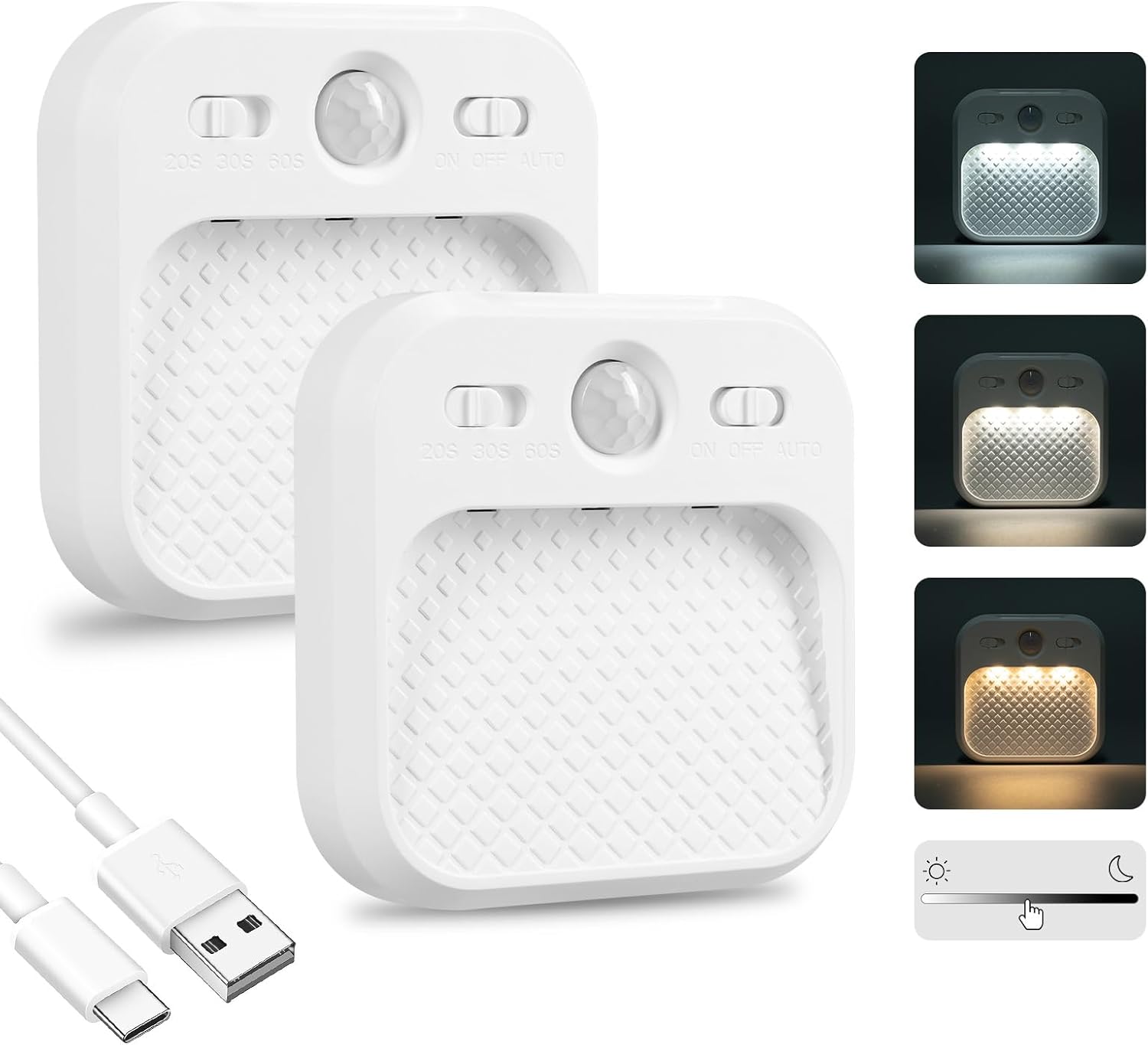 Set van 2 led-nachtlampjes met bewegingsmelder, kastverlichting, traploos instelbare intensiteit met timerfunctie en magnetisch design, 3 kleurtemperaturen, recha nachtlampje