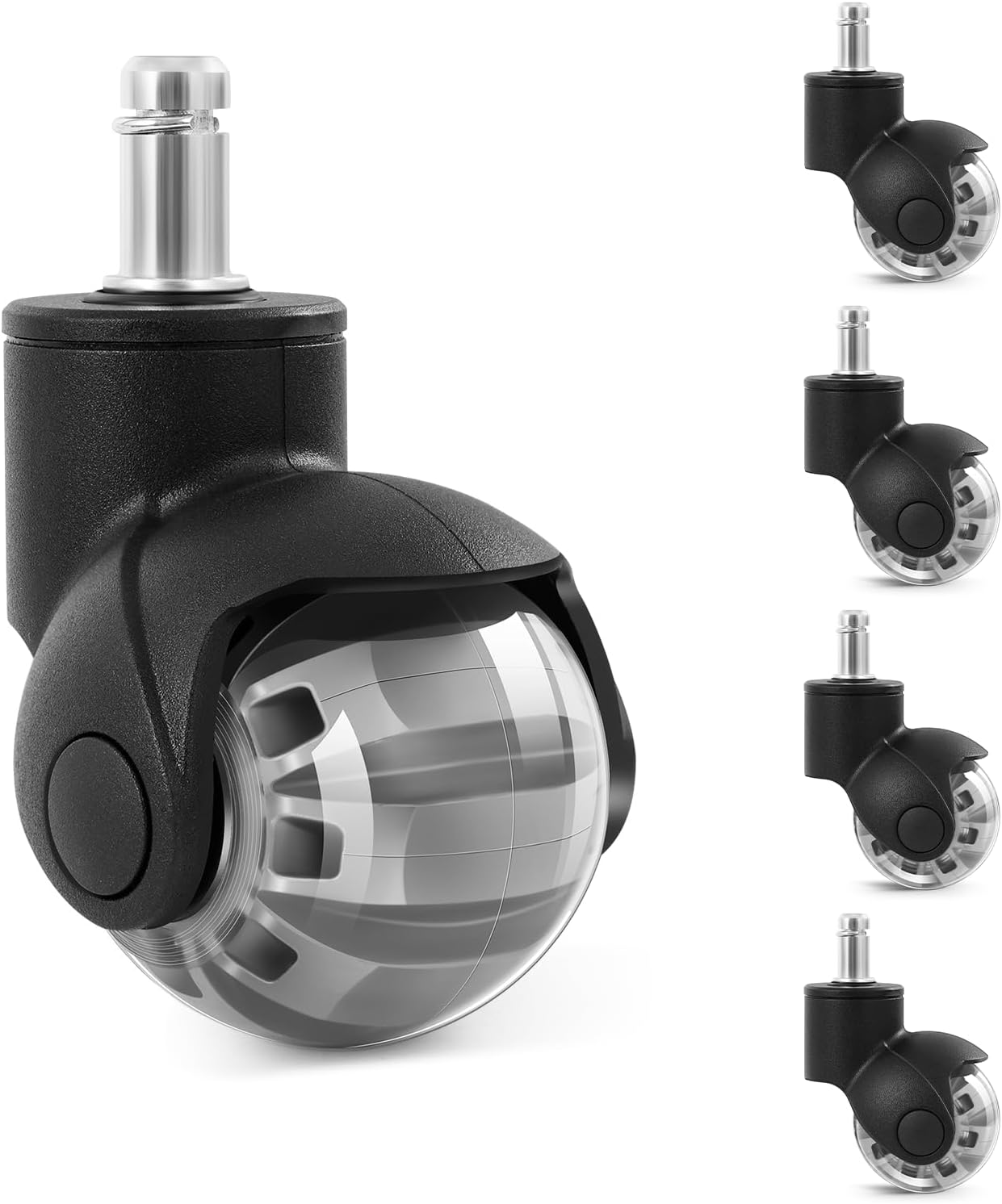 Carehabi Office Chair Castors 11 mm x 22 mm, Set of 5 Wheels for Office Chairs, Transparent Office Chair Castors for Hard Floors, Parquet, Carpet, Laminate and Tiles, Smooth and Quiet