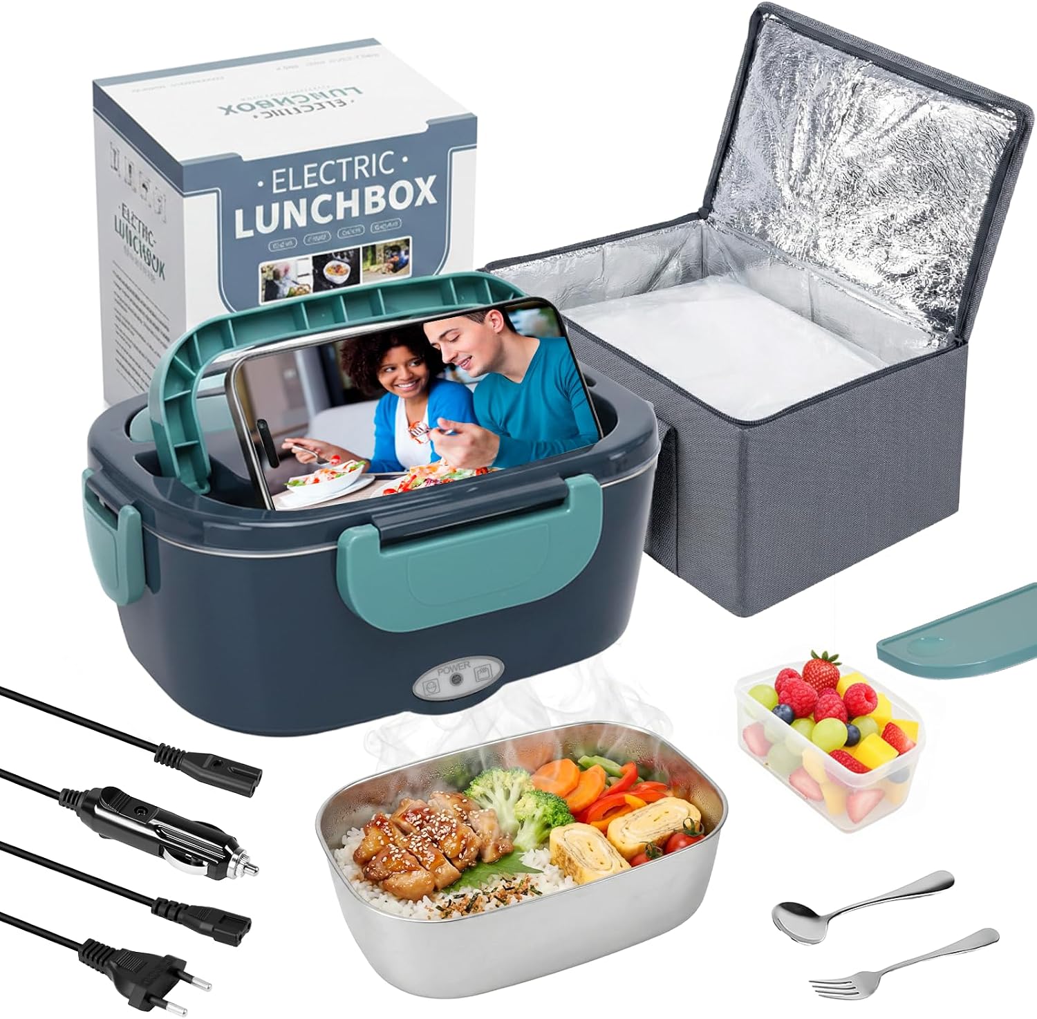 Carehabi Scaldavivande Elettrico Portatile 60W, Porta Pranzo Riscaldabile 1,5L 3 in 1 per Auto Camion Ufficio 12V 24V 220V, Scalda Vivande Elettrico in Acciaio Inox con Borsa Termica e Posate