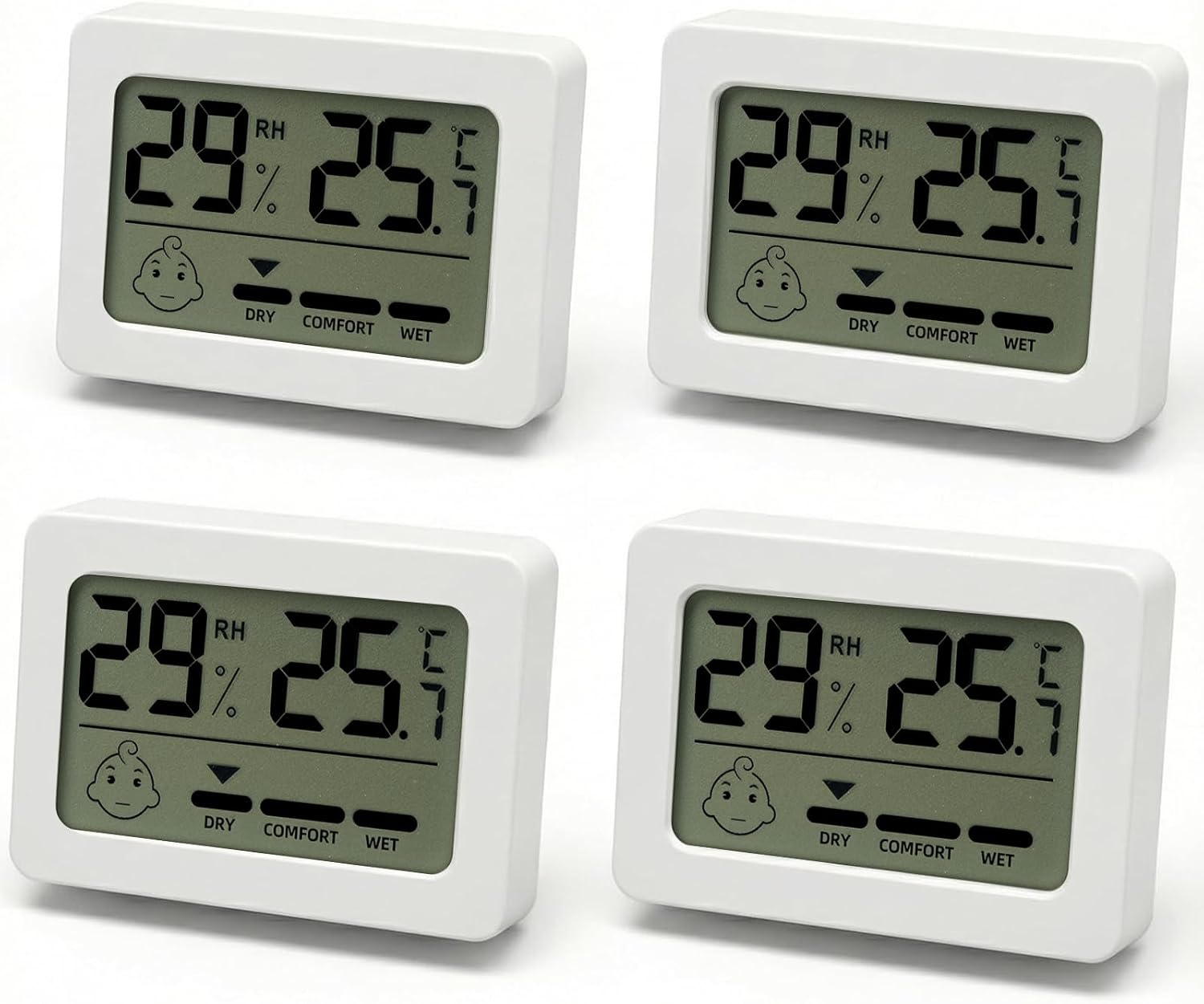 Carehabi 4 piezas Higrómetro Interior, Termómetro Interior para el Hogar, Indicador de Confort Smileys, para Habitación Bebé, Hogar y Oficina, Ideal para Padres y Amantes de las Plantas