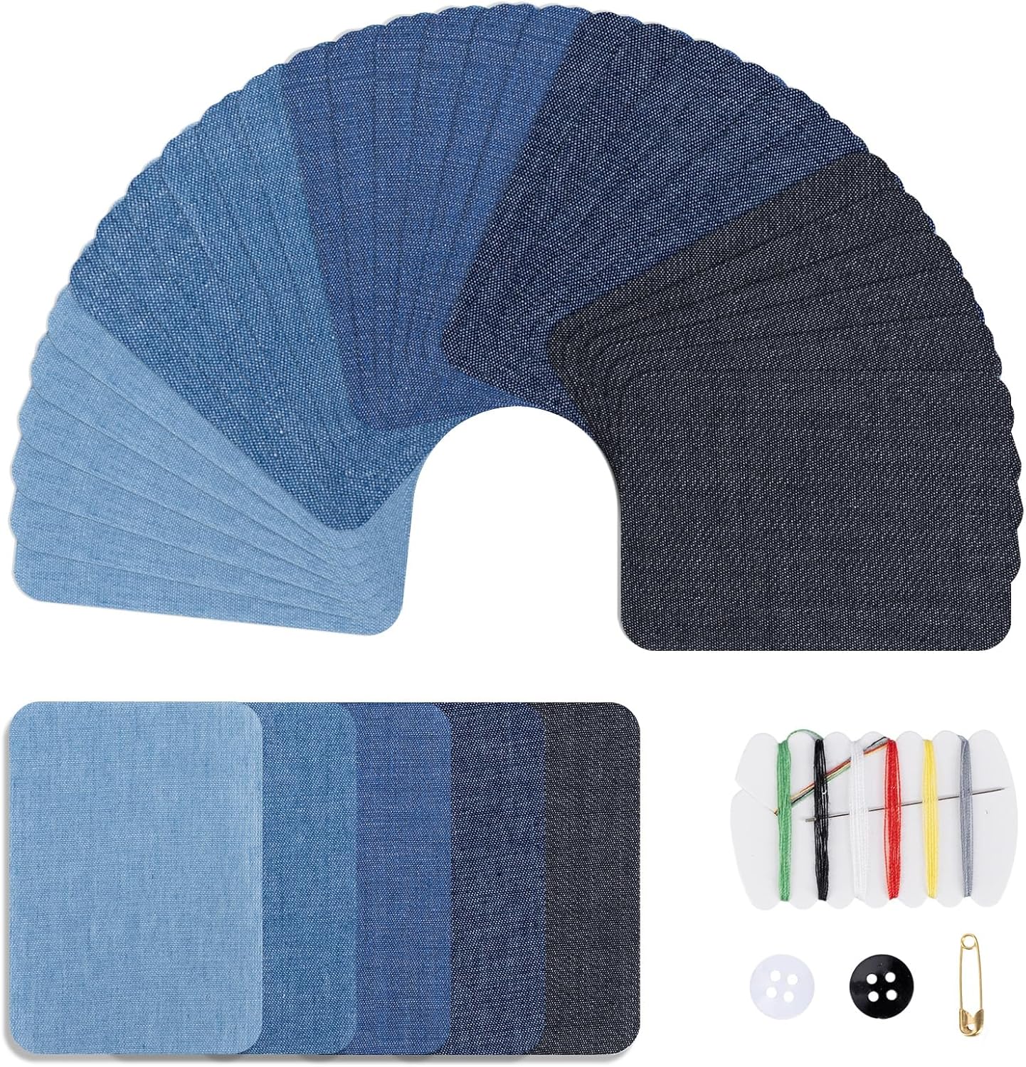 30 Piezas Parches Termoadhesivos Vaqueros - Kit de Reparación Pantalones y Ropa (7,5 x 10,5 cm) - Parches Denim 5 Colores con Kit de Costura - Rodilleras para Planchar Adultos y Niños