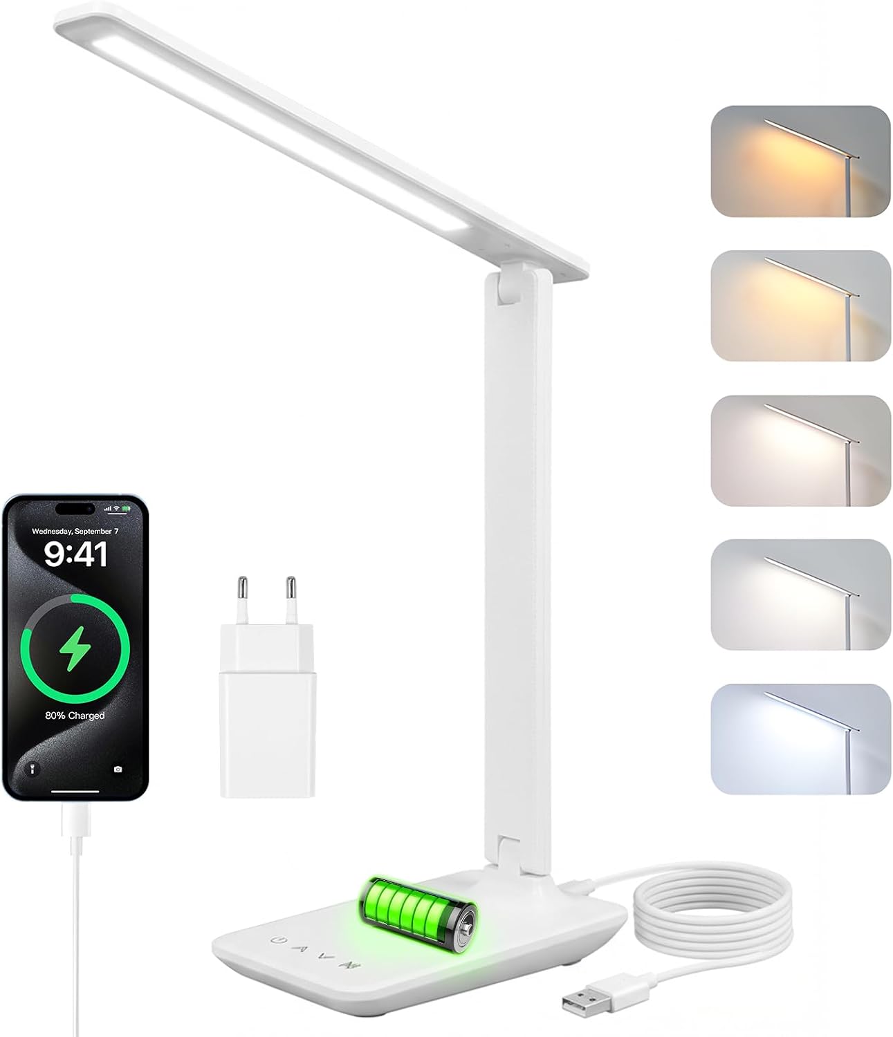 Carehabi Lampada da scrivania a LED, lampada da tavolo dimmerabile, lampada scrivania a LED ricaricabile con 5 colori e 5 livelli di luminosità, con porta di ricarica USB, controllo touch