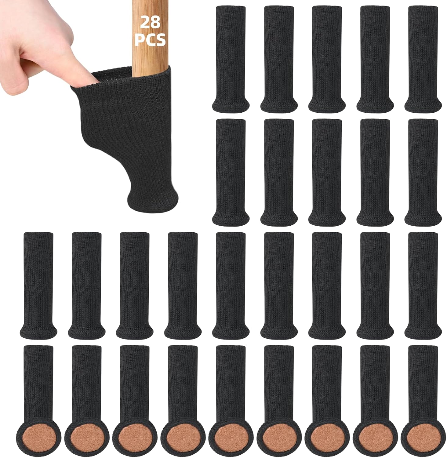 Carehabi 28 Pezzi Feltrini Sedie e Gommini per Sedie Calzini per Mobili Antiscivolo con Base in Feltro Spessa Protezione Pavimento per Gambe Dritte e Inclinate 6-18 cm Nero