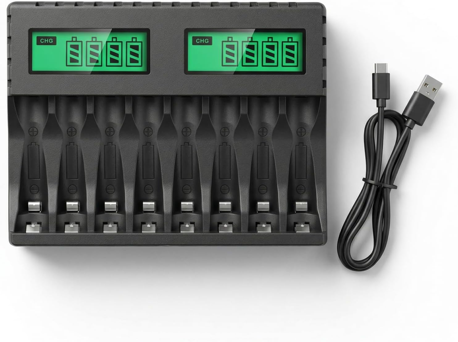 Carehabi Chargeur de batterie universel AA AAA 8 emplacements avec affichage LCD pour batteries rechargeables NI-MH - Chargeur rapide (USB-C) pour batteries 1,2 V Mignon et Micro
