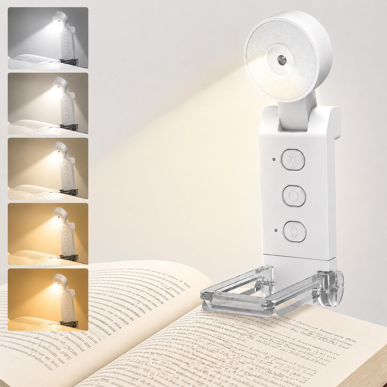 Carehabi Leselampe mit Buchklemme, Wiederaufladbare Buchlampe, Augenschonend, 5 Farbtemperaturen und 6 Helligkeitsstufen, Winkelverstellbar, Leselampe Buch Klemme mit Timer und Taschenlampe