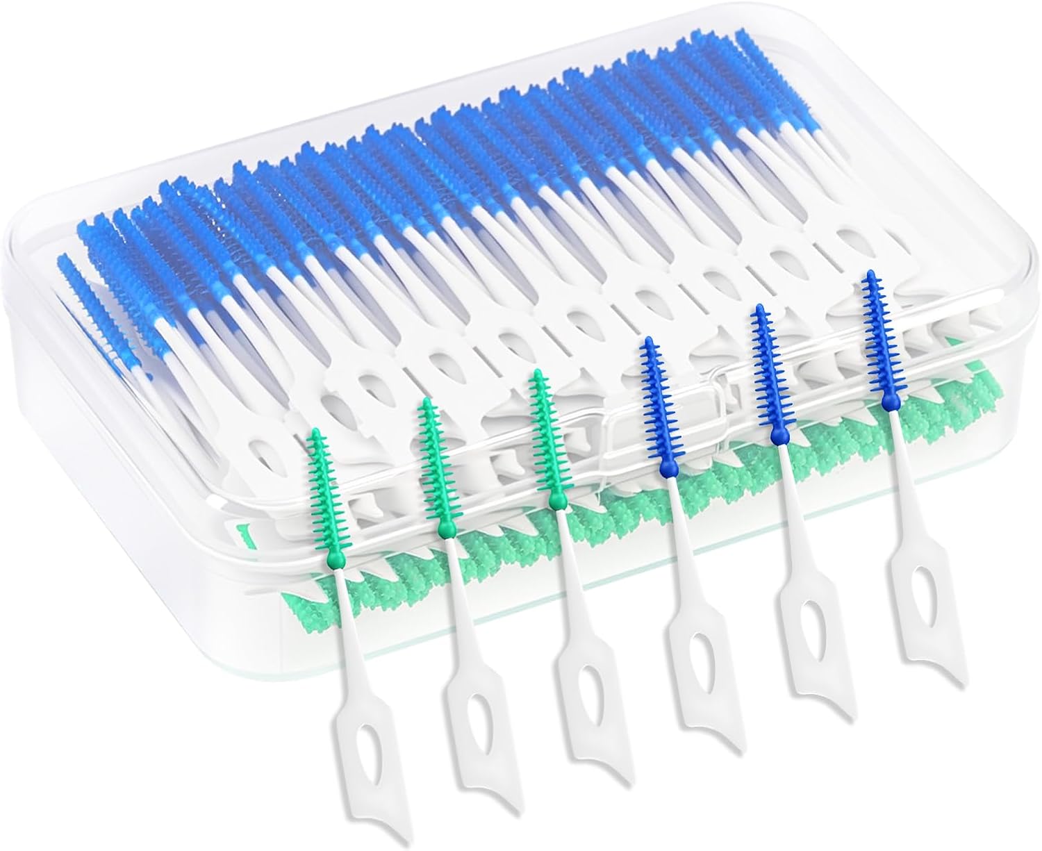 Pack of 200 Interdental Brushes, Soft Silicone Interdental Brushes with Box, Portable Silicone Dental Brushes with Dual Use for Gentle Teeth Cleaning, Ideal for Braces (Blue, Green)