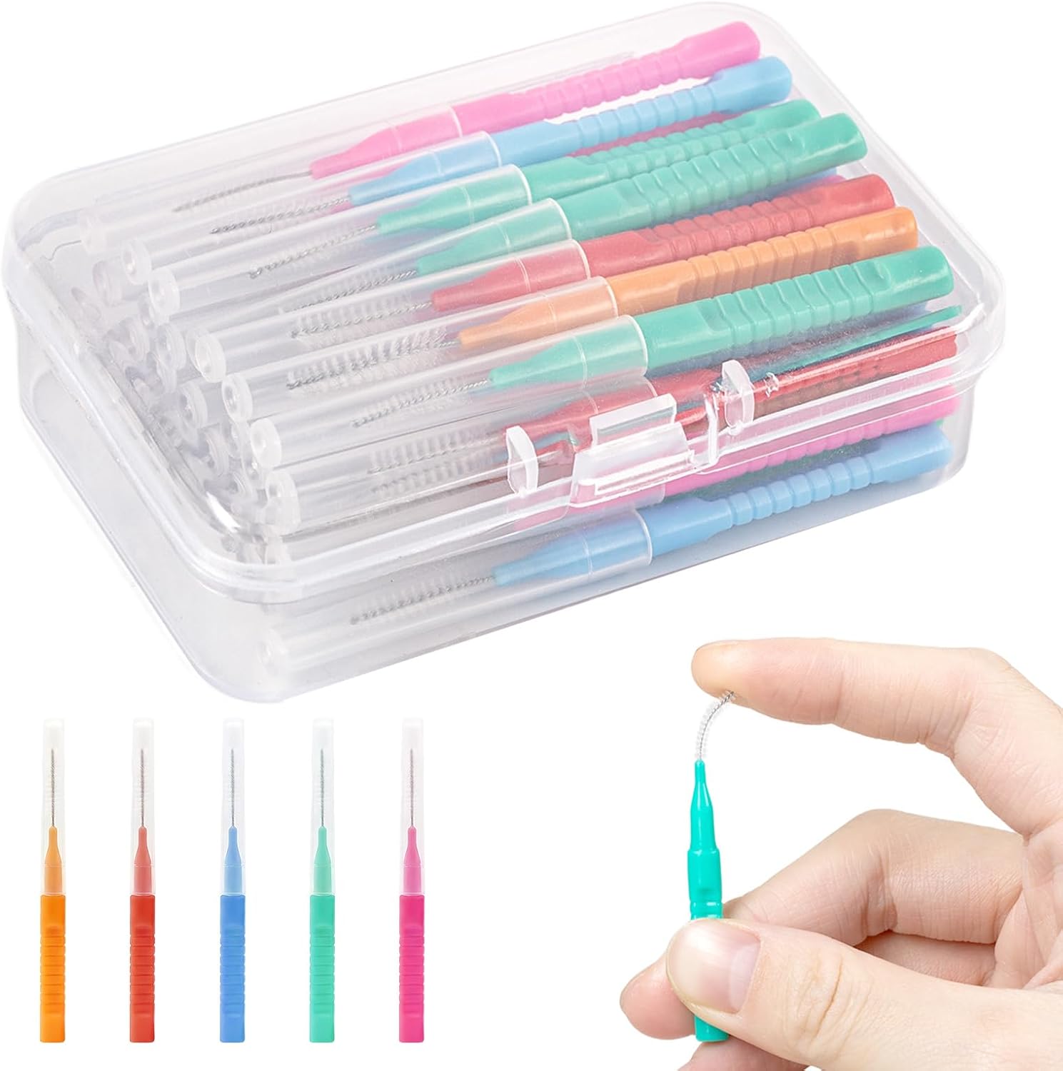 Pack of 30 Interdental Brushes, Dental Floss Stick with Box, Interdental Brushes for Cleaning Interdental Spaces, Ideal for Braces and Implants for Oral Hygiene (5 Colours in 1 Box)