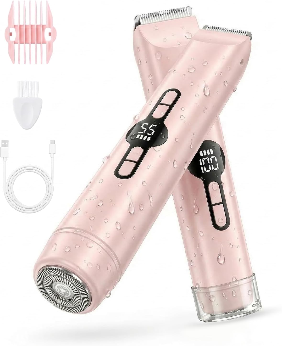 Carehabi Rasierer Damen Intimrasierer für Frauen 2 in 1 Elektrischer Bikini Trimmer mit LED Display IPX7 Wasserdicht Nass Trocken Dual Motor Edelstahl Keramikklinge Pink