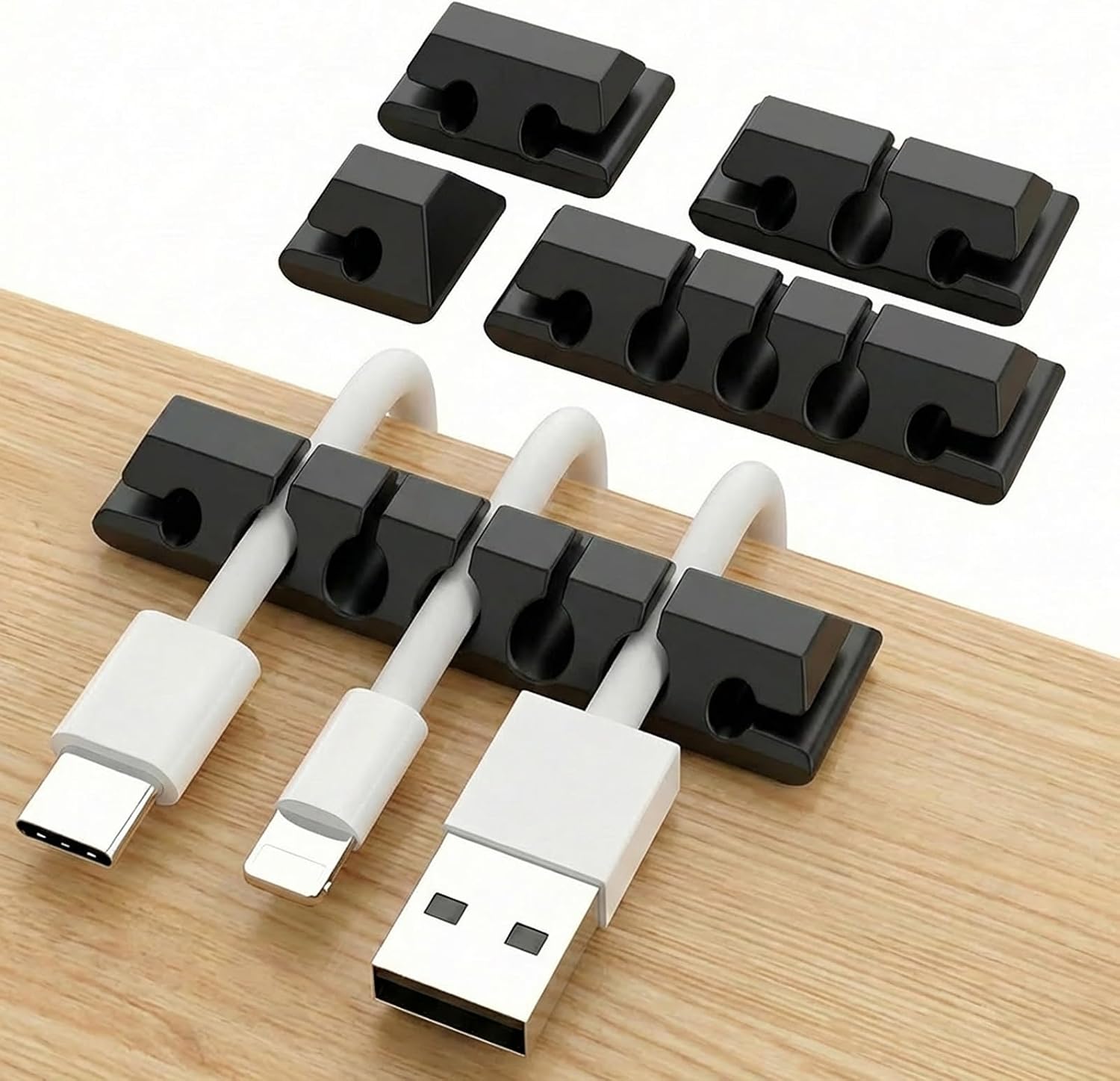 Clips de Soporte de Cable, 1/2/3/5/7 Slots [Pack of 5] Autoadhesivo Organizador cables, Clips para Cables Cable Management para la Gestión de Cables de Carga USB de Escritorio (Negro)
