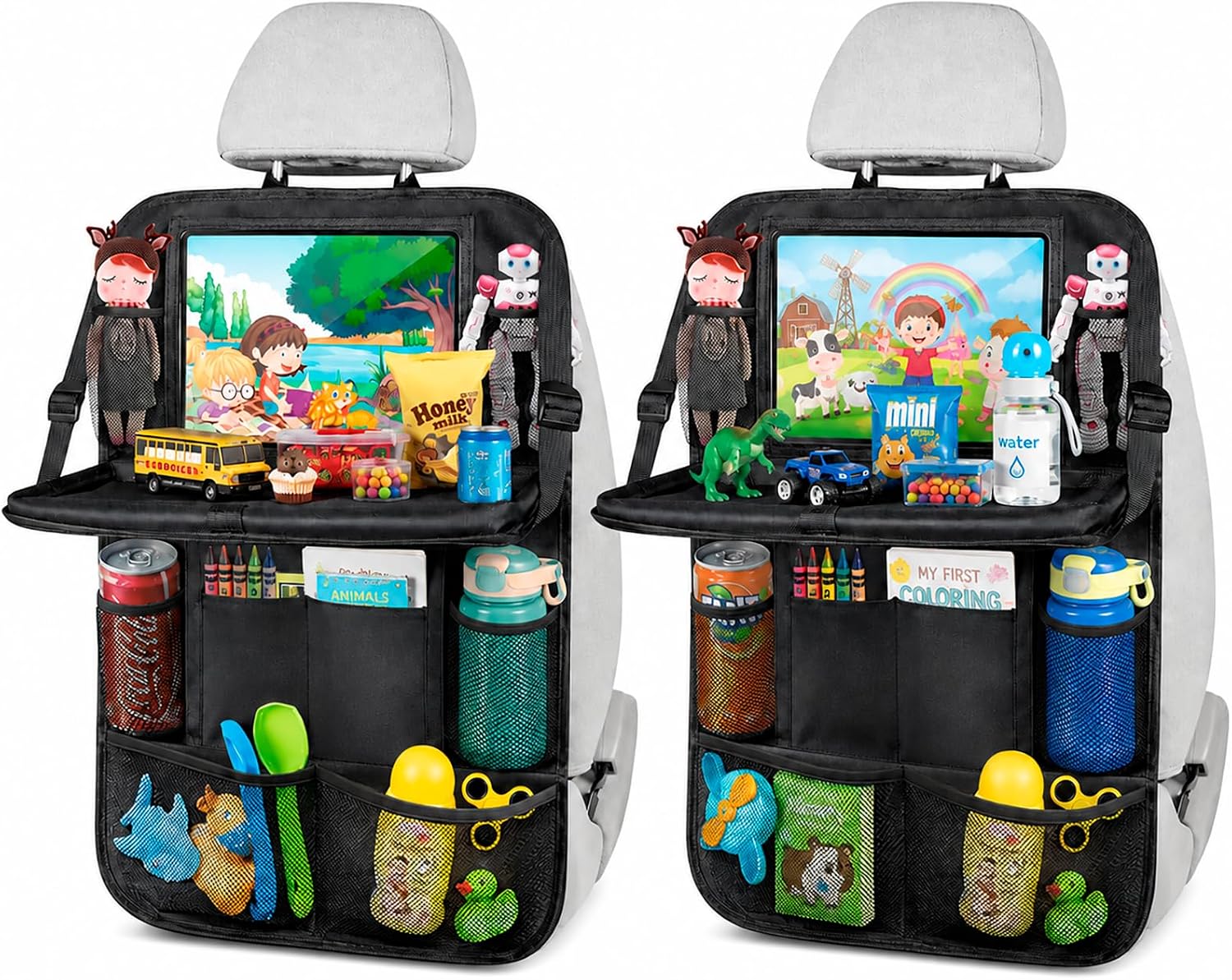 Organizador Asiento Coche Niños [Pack de 2], Protector de Respaldo con Mesa Plegable, Soporte para Tablet Transparente 10 Bolsillos, Accesorios de Viaje para Coche, Negro