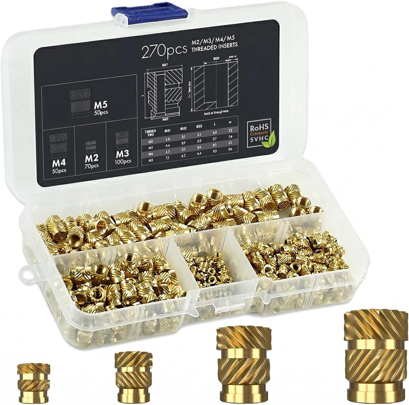 Inserti filettati M2 + M3 + M4 + M5 - Cassetta assortita - 70 + 100 + 50 + 50 pz. Boccole filettate, filettature a fusione, dadi a fusione in ottone per componenti in plastica, inserti filettati per p