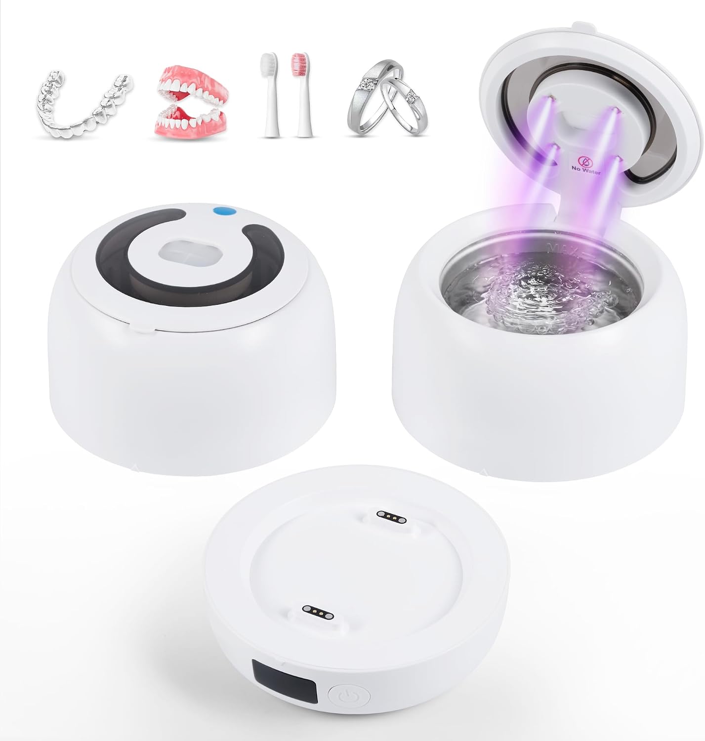 Appareil de nettoyage à ultrasons avec 2 réservoirs amovibles et lumière UV – Pod dentaire 45 kHz pour gouttière dentaire, rétention et prothèses – Appareil de nettoyage hygiénique pour les familles