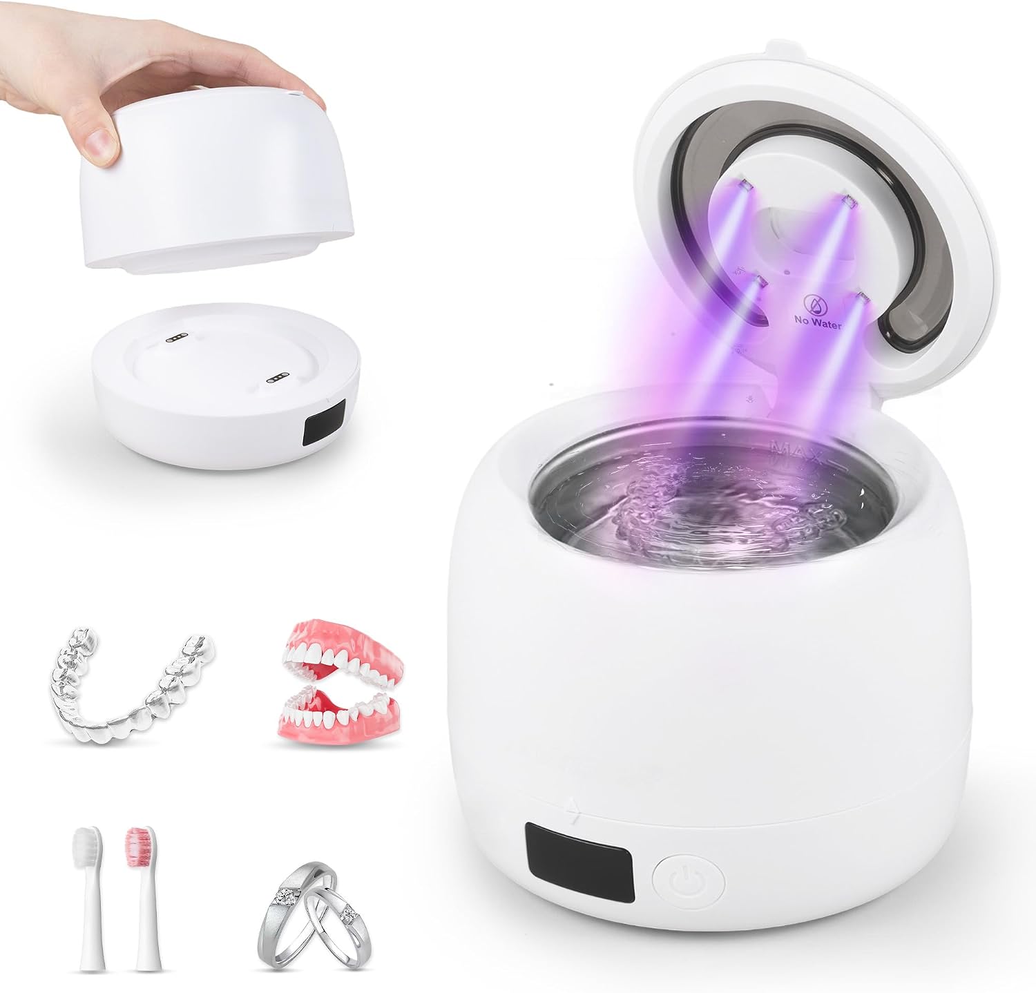 Carehabi Appareil de nettoyage à ultrasons pour gouttière dentaire et prothèses - 45 kHz - Pod dentaire avec lumière UV et réservoir amovible de 200 ml - Nettoyeur électrique pour rails de morsure