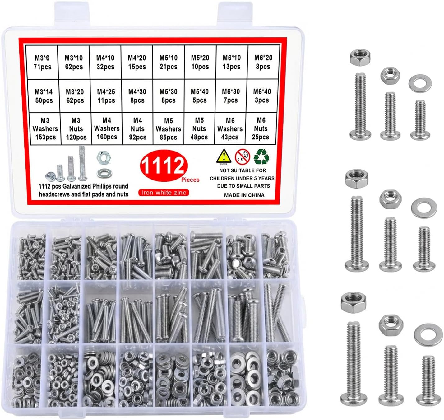 Carehabi Viti M3 M4 M5 M6, kit da 1112 pezzi con dadi e rondelle