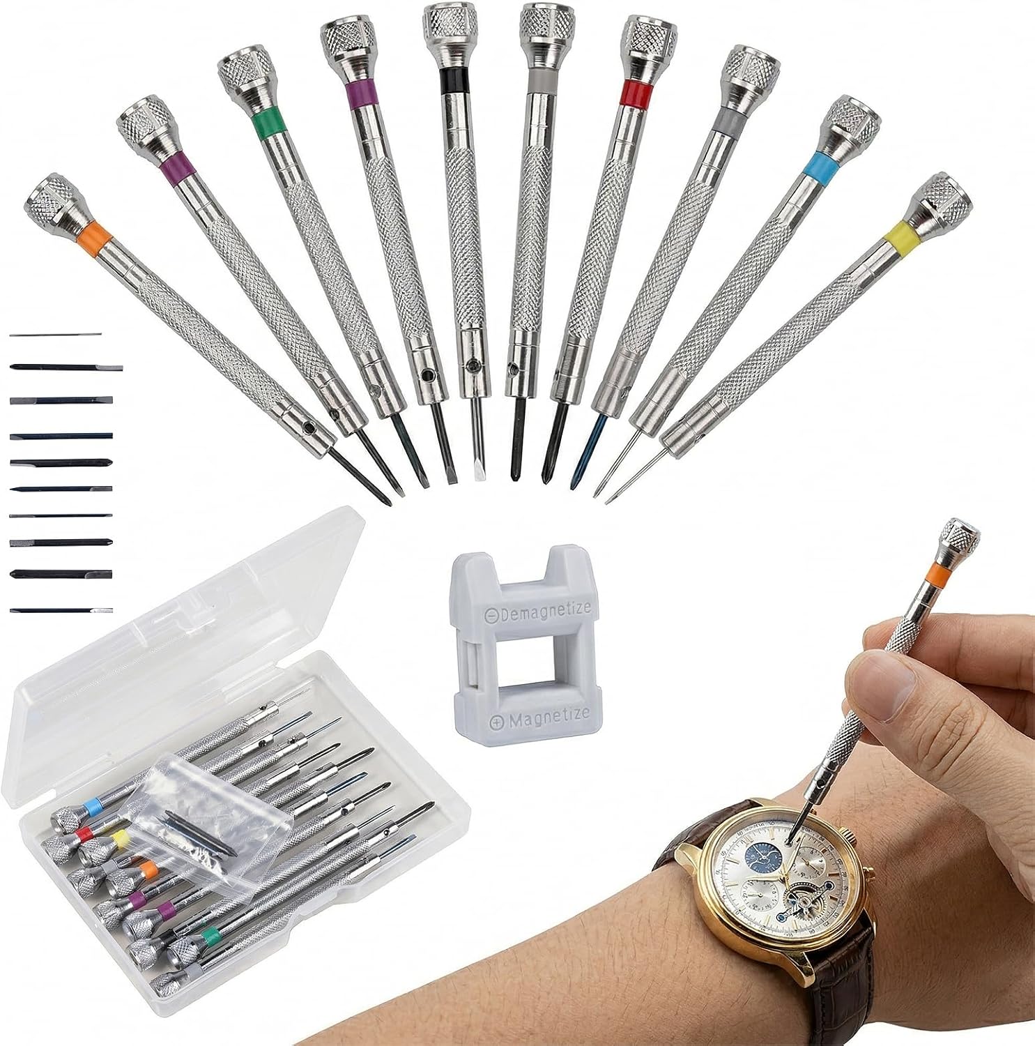 Carehabi Juego de 10 Destornilladores de Relojero con Magnetizador Desmagnetizador, Herramientas de Relojería de Precisión de Acero 45, Destornilladores de Precisión para Reparación de Relojes, Gafas