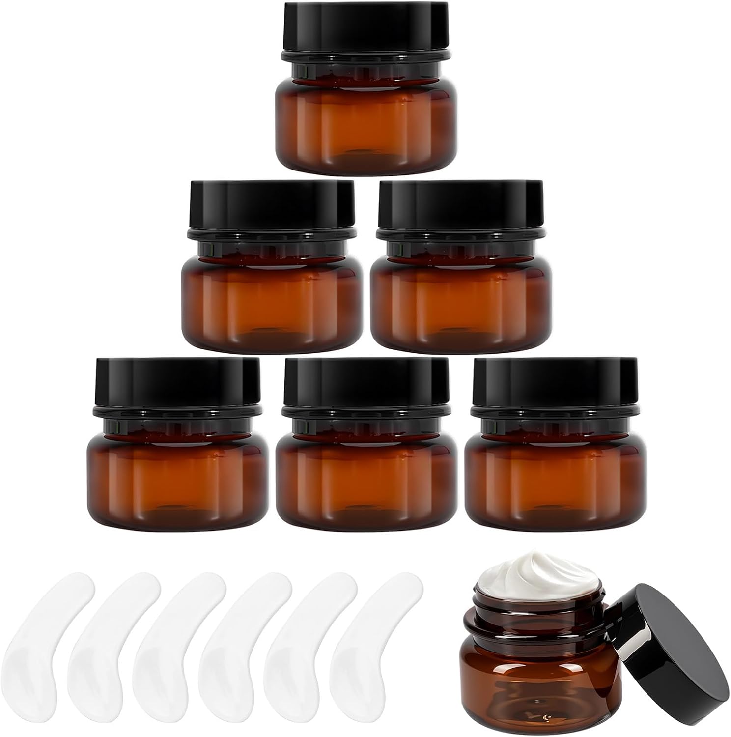 6 Piezas Tarros de Crema Vacíos 50g Envases Ámbar de Plástico PET con Tapa Espátulas y Etiquetas Recipientes de Viaje para Cosméticos Sin BPA