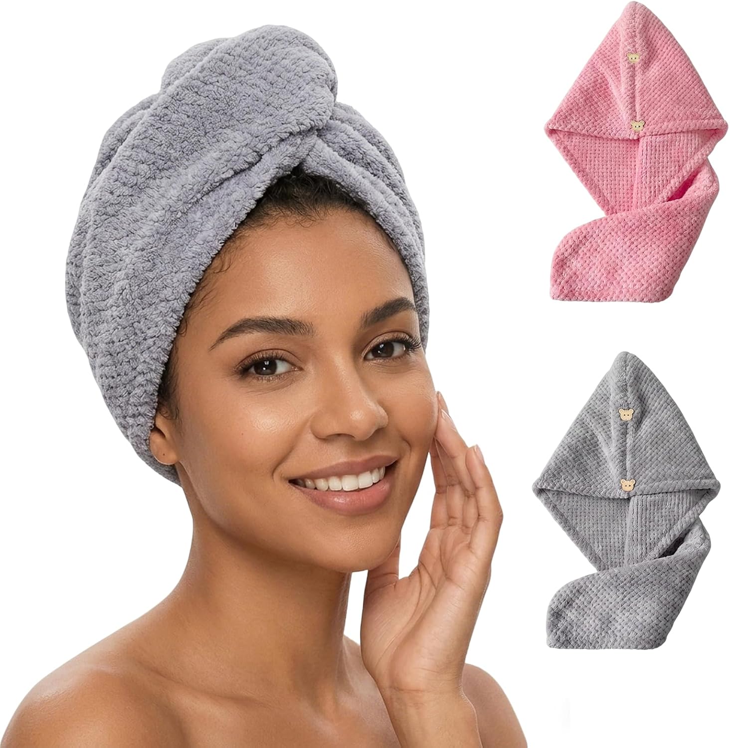 Serviette Cheveux Microfibre Lot de 2 Double épaisseur, Serviette Turbine Cheveux Ultra absorbante à 2 Boutons | Turbans pour Cheveux & Serviette lyophilisée, Gris & Rose