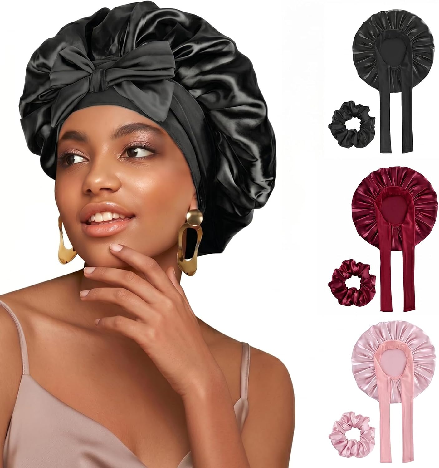 Cuffia da Notte in Satina Set da 3 - Berretto Capelli per Dormire e Cuffia per Capelli Ricci, Taglia Universale Confortevole con Banda Elastica, Include 3 Elastici Scrunchies, Nero/Rosso/Rosa