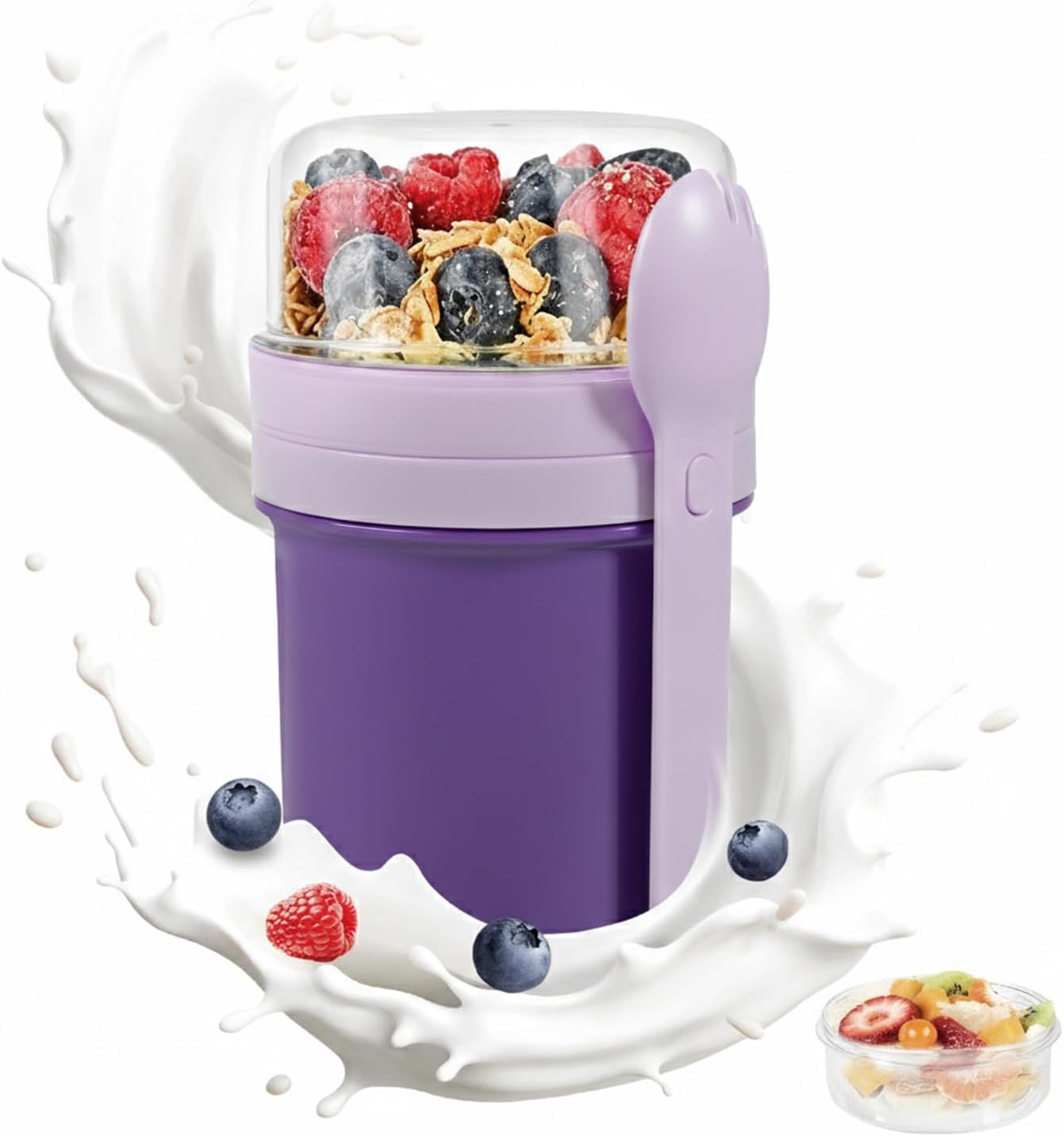 Carehabi Müslibecher To Go, 450 ml + 250 ml, Joghurtbecher To Go, auslaufsicherer Müslibecher mit Löffel und Soßenbehälter, BPA-freie Frühstücksbox, Müslibecher für Kinder und Erwachsene, Lila