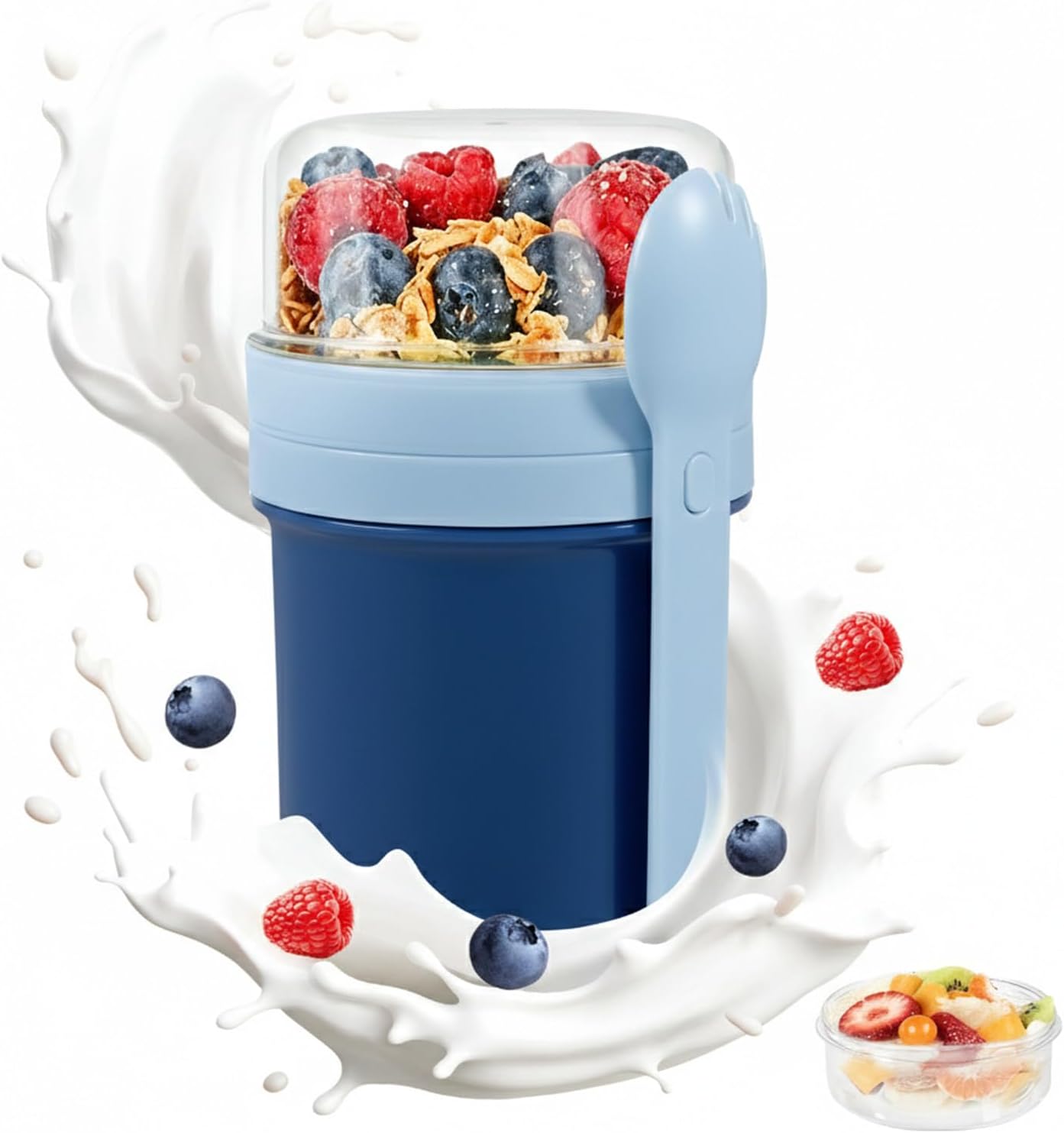 Carehabi Muesli Cup da Asporto, 450 ml + 250 ml, Porta Yogurt, Coppetta per Cereali da Asporto a Tenuta Stagna con Cucchiaio e Contenitore per Salse, Contenitore per Colazione Senza BPA, Blu