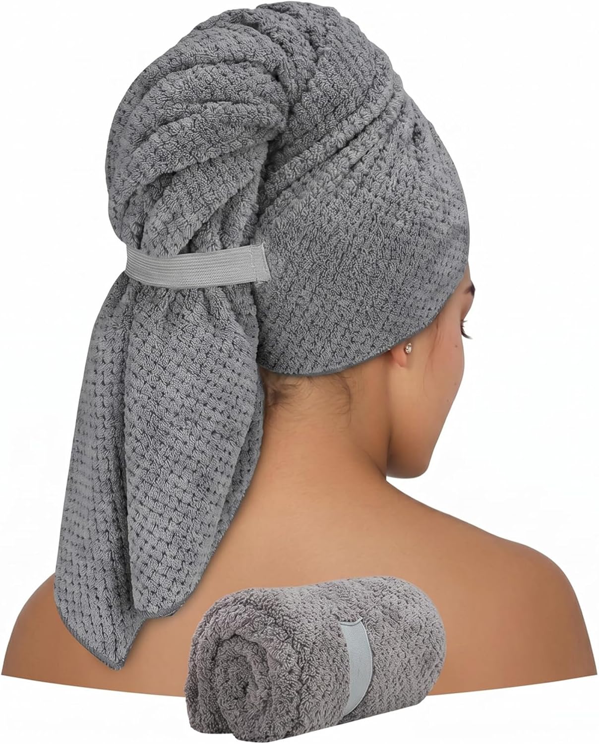 Carehabi Haartrockentuch 100x60cm Extra Groß, Mikrofaser Handtuch Haare extrem saugfähig, Anthrazit Haarturban mit Elastikband statt Knopf, Schnelltrocknend Turban für Lange Haare & Locken, 1 Stück