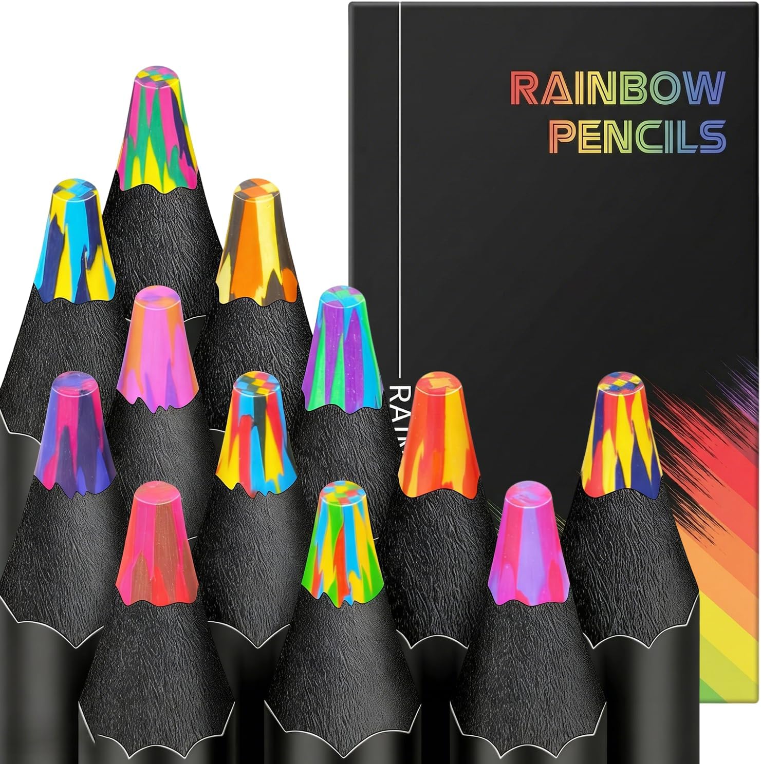 Carehabi Lápices Arcoíris Set de 12 con Mina Gruesa de 5mm, Lápices de Colores Premium de Madera Negra, Colores Mágicos Antirotura para Bocetos, Dibujo, Bullet Journal y Bellas Artes