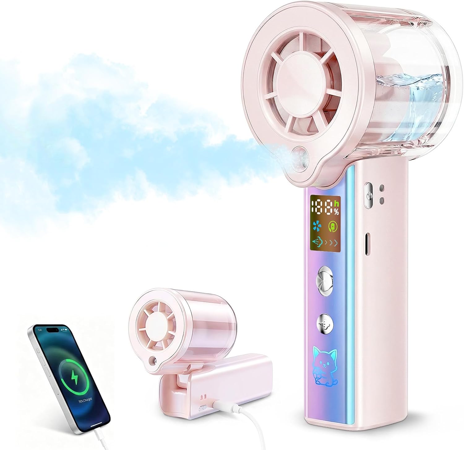 Ventilador Portátil de Mano con Nebulización, Mini Ventilador Recargable 3000mAh, 100 Velocidades Ajustables y Motor de 16000 RPM, Pantalla LED y Cordón, para Viajes, Camping, Maquillaje y Sofocos