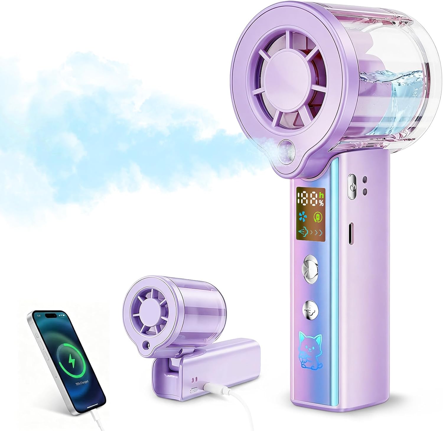 Ventilador Portátil de Mano con Nebulización, Mini Ventilador Recargable 3000mAh, 100 Velocidades Ajustables y Motor de 16000 RPM, Pantalla LED y Cordón, para Viajes, Camping, Maquillaje (morado)