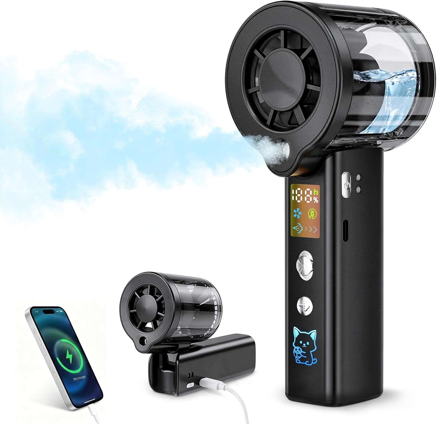 Ventilador Portátil de Mano con Nebulización, Mini Ventilador Recargable 3000mAh, 100 Velocidades Ajustables y Motor de 16000 RPM, Pantalla LED y Cordón, para Viajes, Camping, Maquillaje (negro)