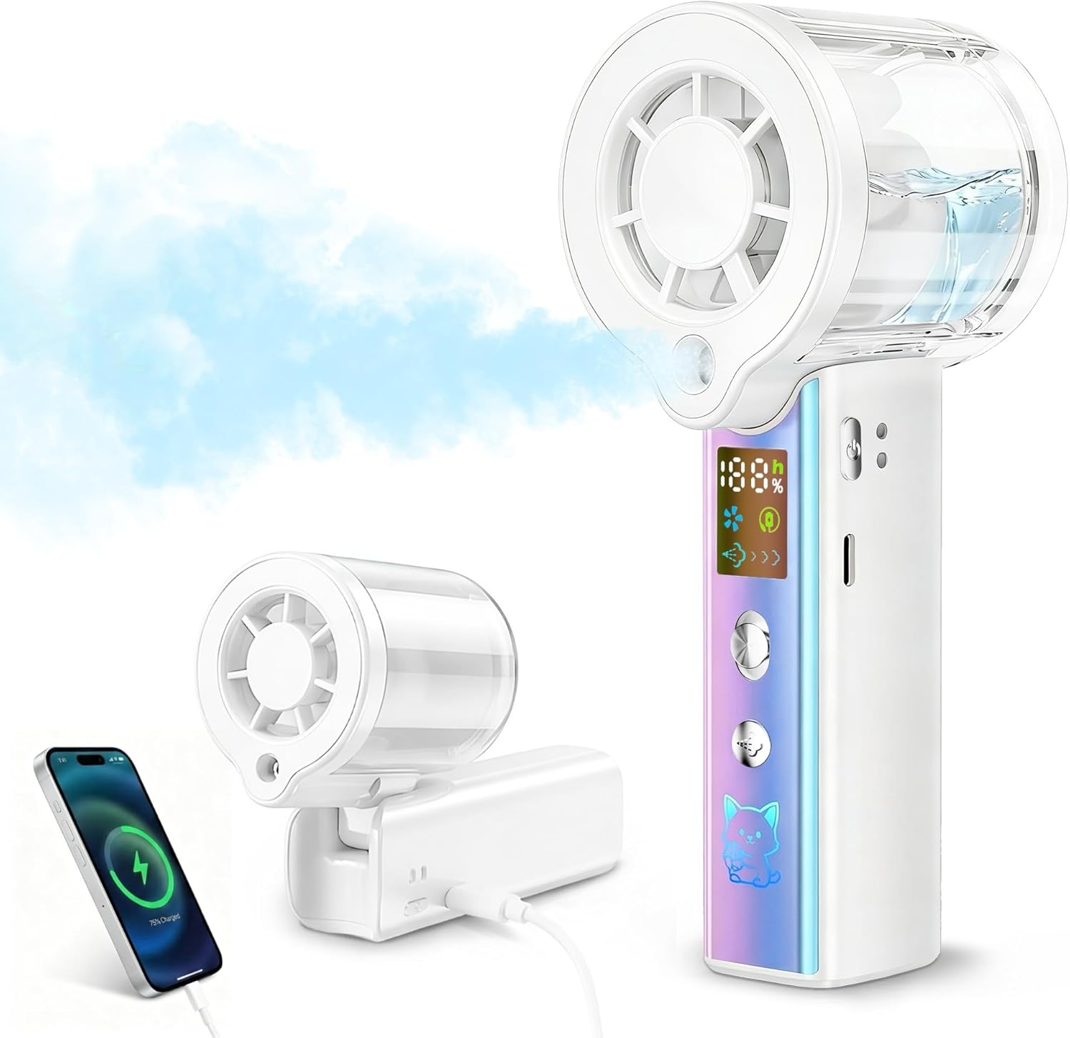 Carehabi Ventilateur manuel avec refroidissement à eau - 30 000 tr/min - Batterie 3000 mAh - 1 à 100 niveaux - Petit ventilateur portable avec écran LED - Silencieux - USB - Pour voyage, bureau, femme