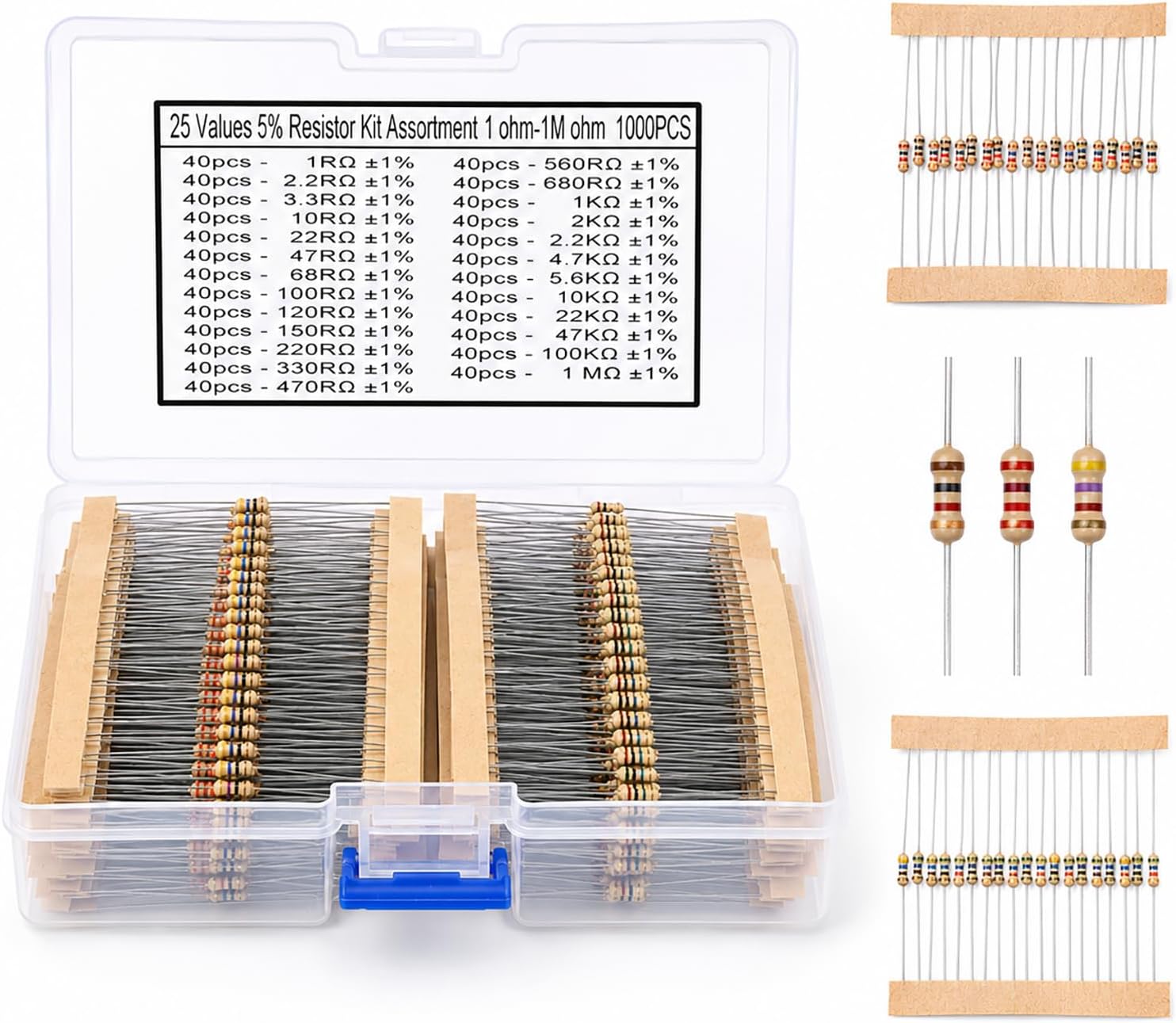Carehabi Weerstandssortiment 1000 stuks – 1/4 W metaallaagweerstanden kit (73 waarden, 1 ohm - 1 m ohm) – precisieweerstandsset voor Arduino, Raspberry Pi en doe-het-zelf elektronica-projecten
