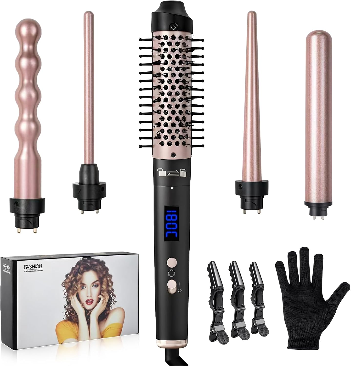 Carehabi Zestaw 5 w 1 lokówka ceramiczna – 9 mm do 32 mm, z różnymi końcówkami do dużych i afro loków, curler z wyświetlaczem temperatury LCD 160-230°C, kolor szampański złoty