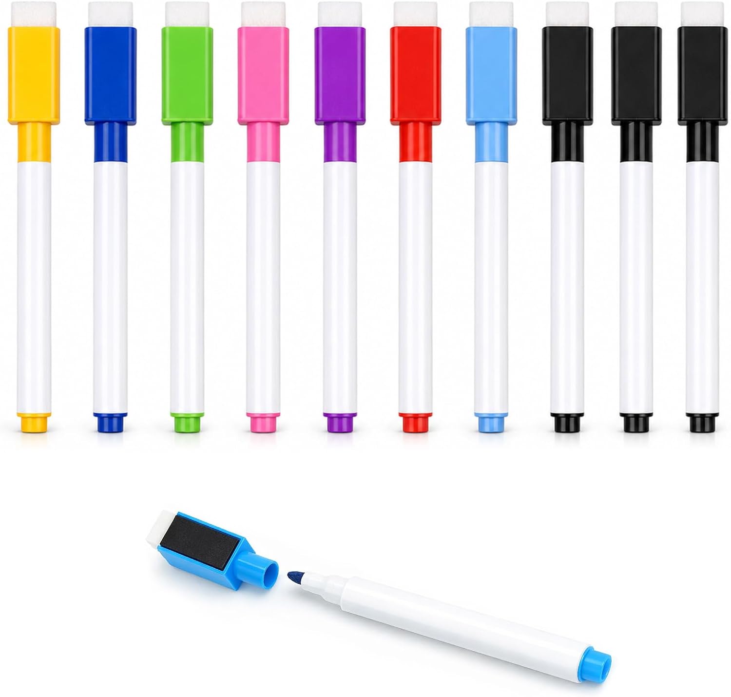 Carehabi Feutres Tableau Blanc Effaçable 10 Pièces, 8 Couleurs Marqueur Magnétique Gomme, Pointe Fine 1-2 mm, Stylo Feutre Pointe Fine Base Aqueuse pour Tableau Blanc Flipchart Verre Bureau & Maison