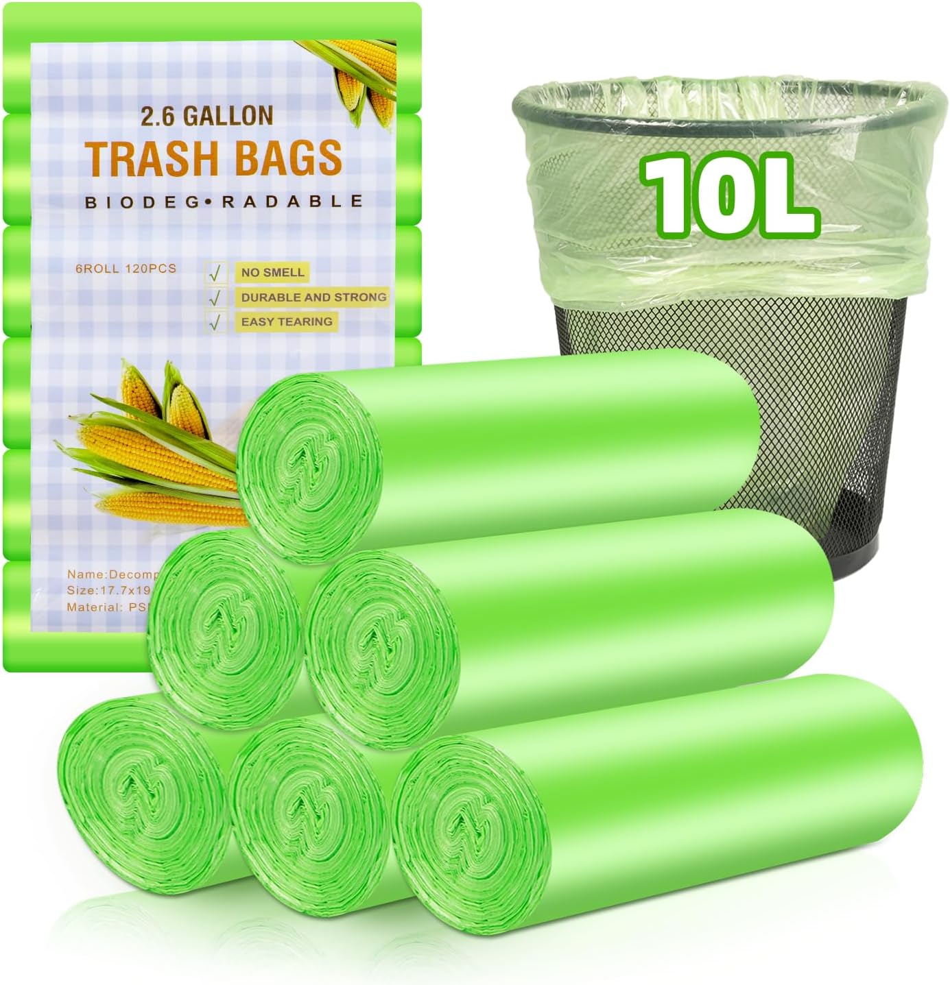Sacchetti della spazzatura biologici, 10 l, 120 pezzi, sacchetti biologici, resistenti agli strappi e impermeabili, per cucina, cucina, ufficio, soggiorno (W45 x 50 cm, verde)