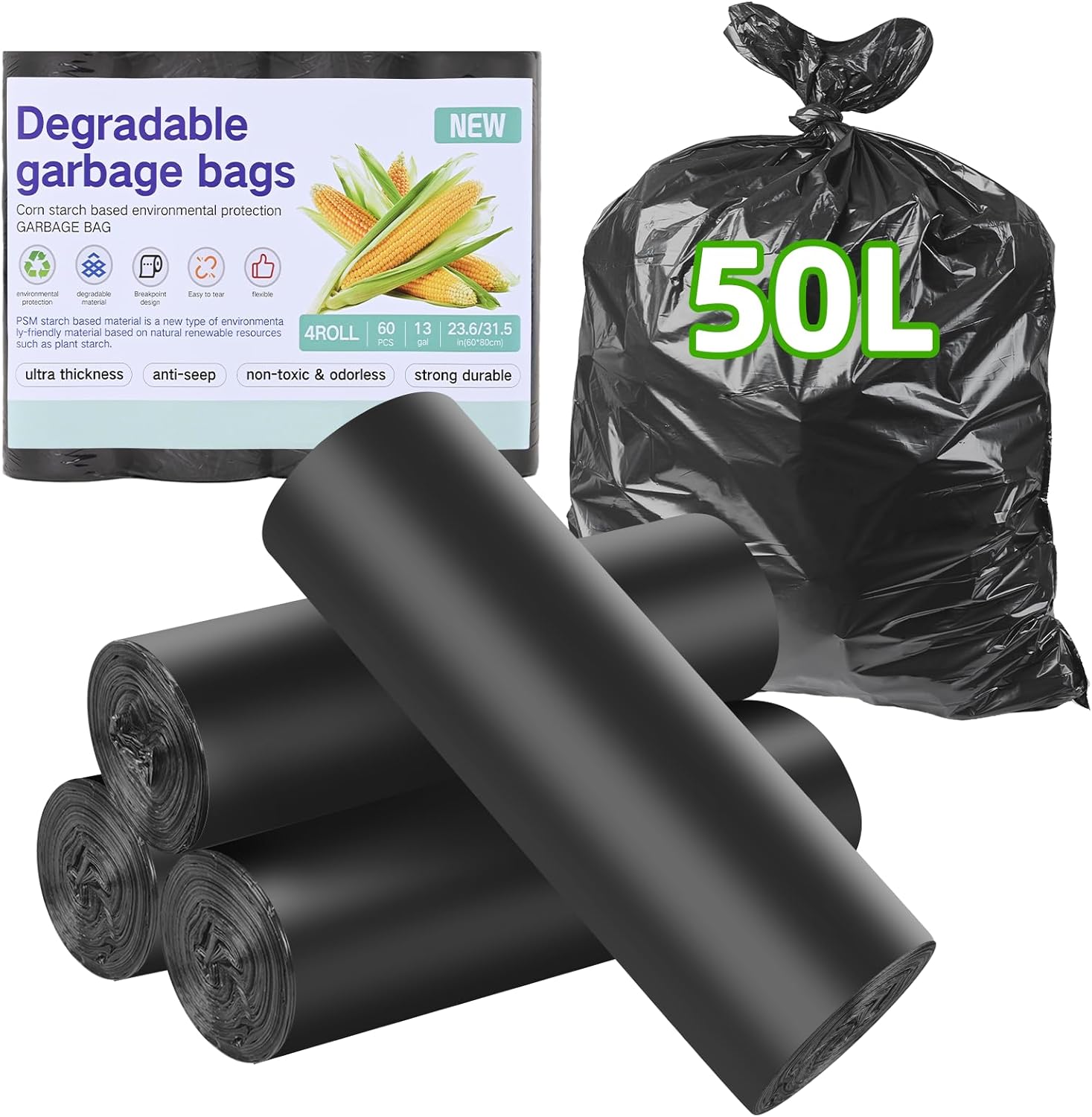 Müllbeutel Biomülltüten 50L 60 Stück Bio Müllbeutel Küchen Biomüllbeutel Reißfest und Wasserdicht Abfall Tüten Biologisch Abbaubar Beutel für Küche, Büro, Wohnzimmer(W60XH80cm, Schwarz)