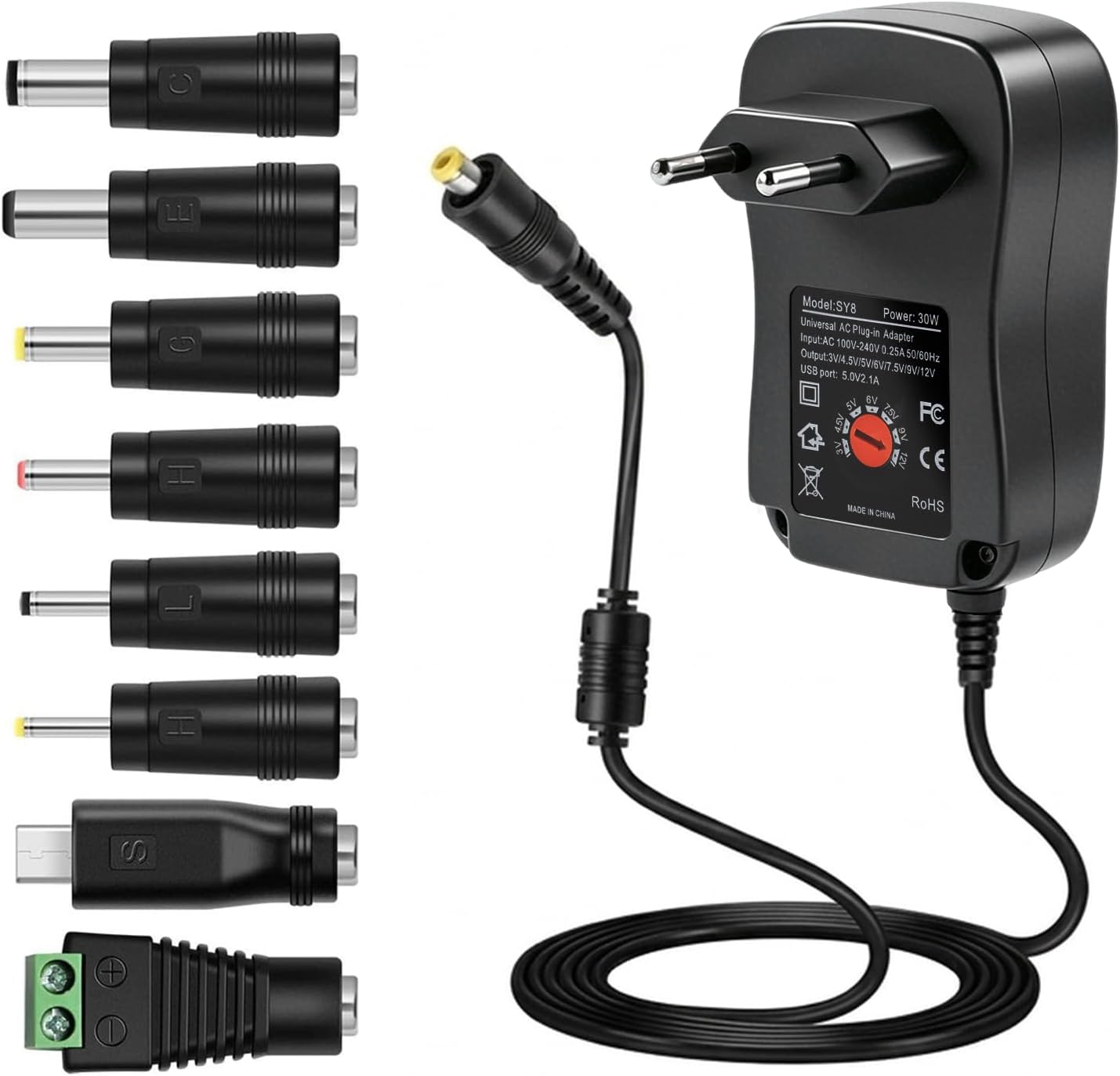 Carehabi Adaptador Universal y Fuente Alimentacion 12V, 30W 3V-12V Reemplazo para Router Tiras LED y Cámaras, Máx 2.1A con 8 Conectores DC y Puerto USB, Centro Positivo