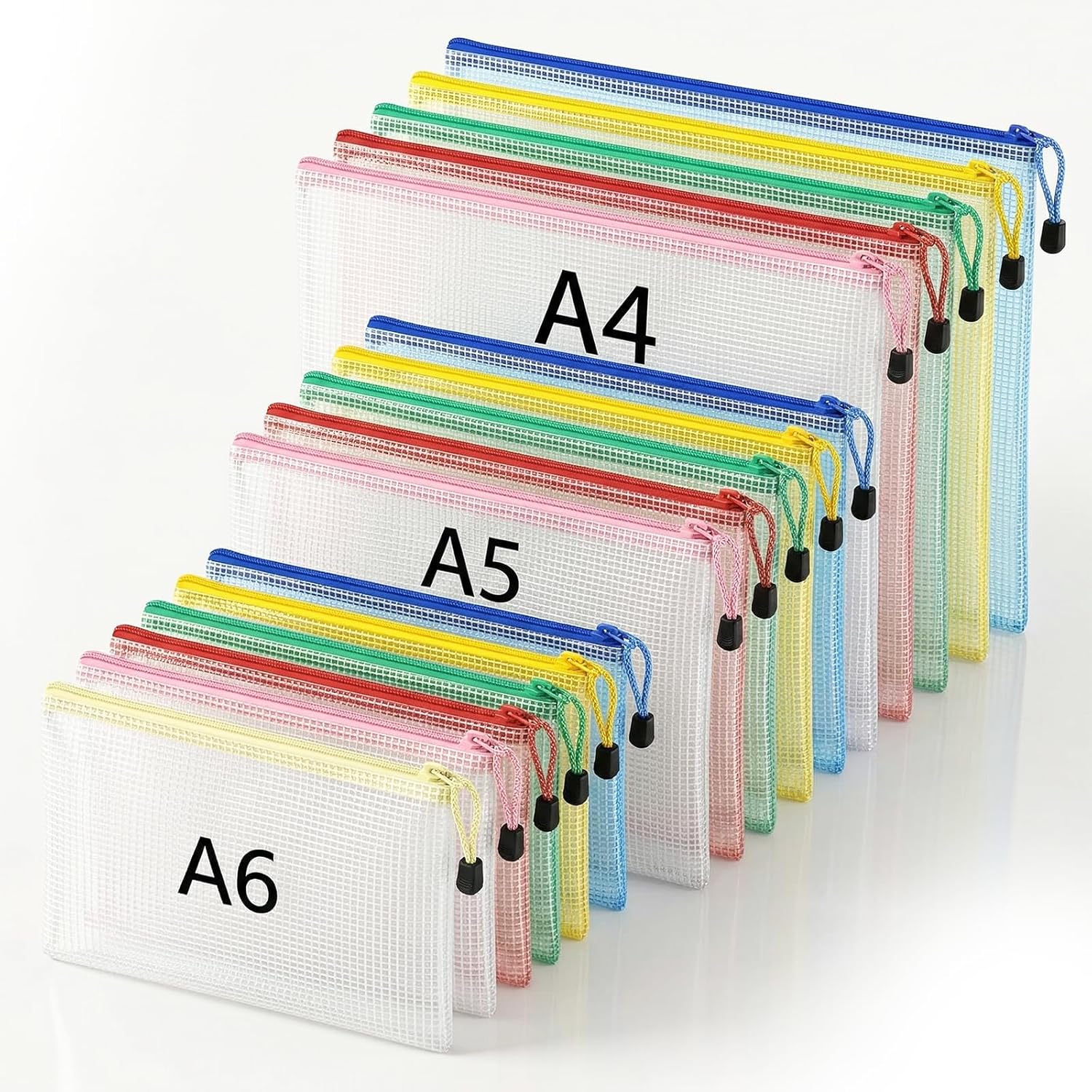 Carehabi Dokumententasche A4 A5 A6 15PCS, Wasserdichte Dokumentenmappen mit Reißverschluss, Ordner Mesh Zip Beutel für Datei, Papier, Reise, Kosmetik Aufbewahrung und Organisation 3 Größen