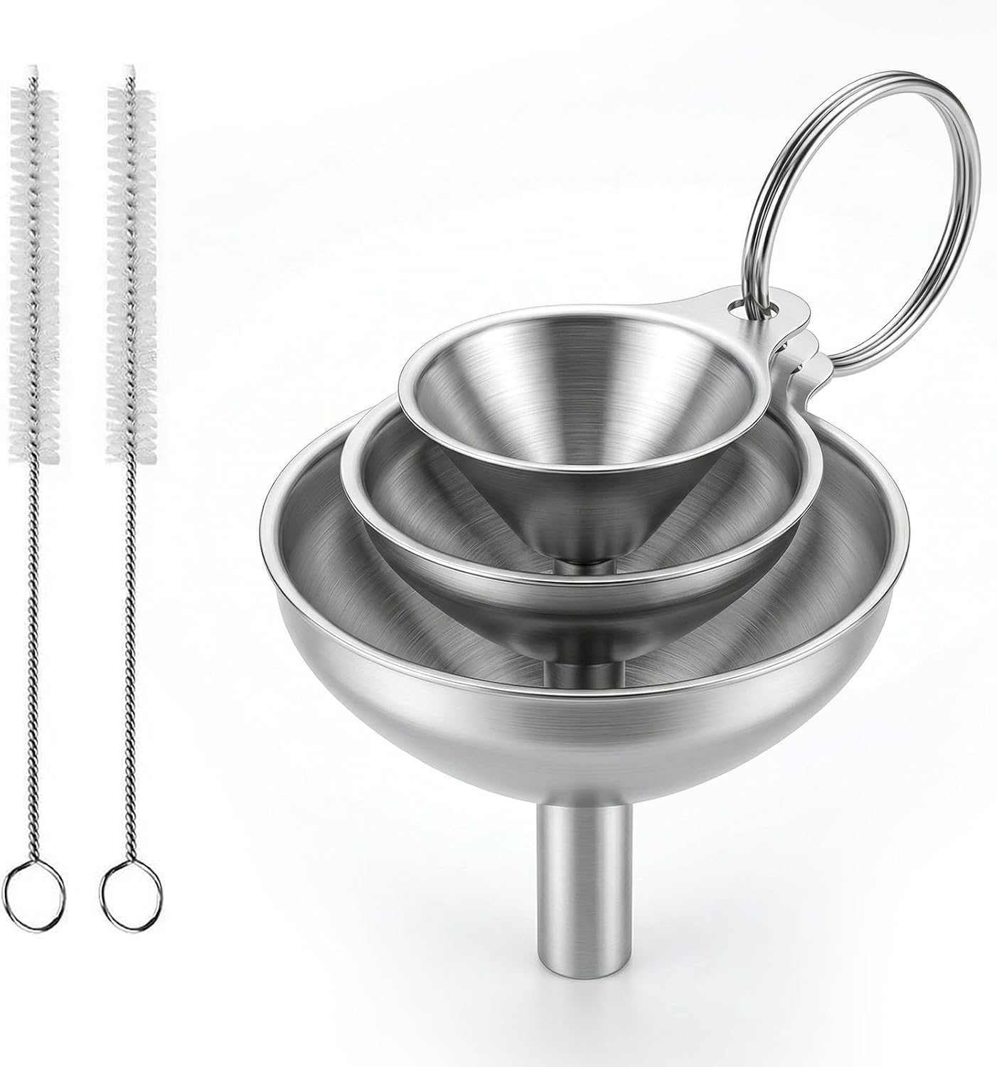 Lot de 3 entonnoirs en acier inoxydable, mini entonnoir de cuisine avec 2 brosses de nettoyage, petit entonnoir de cuisine avec poignée, entonnoir en acier inoxydable pour liquides et poudres