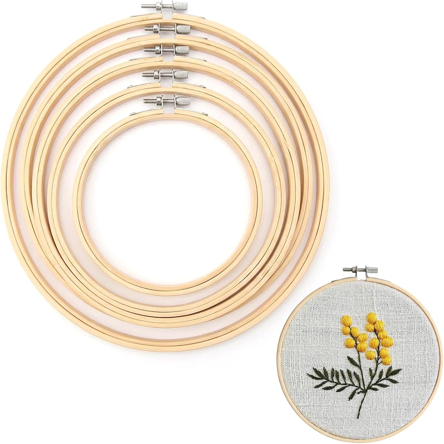 Set di 5 telai da ricamo in bambù naturale (10/13/15/18/20 cm), senza sbavature, lisci e leggeri, regolabili, accessori perfetti per punto croce, ricamo e fai da te