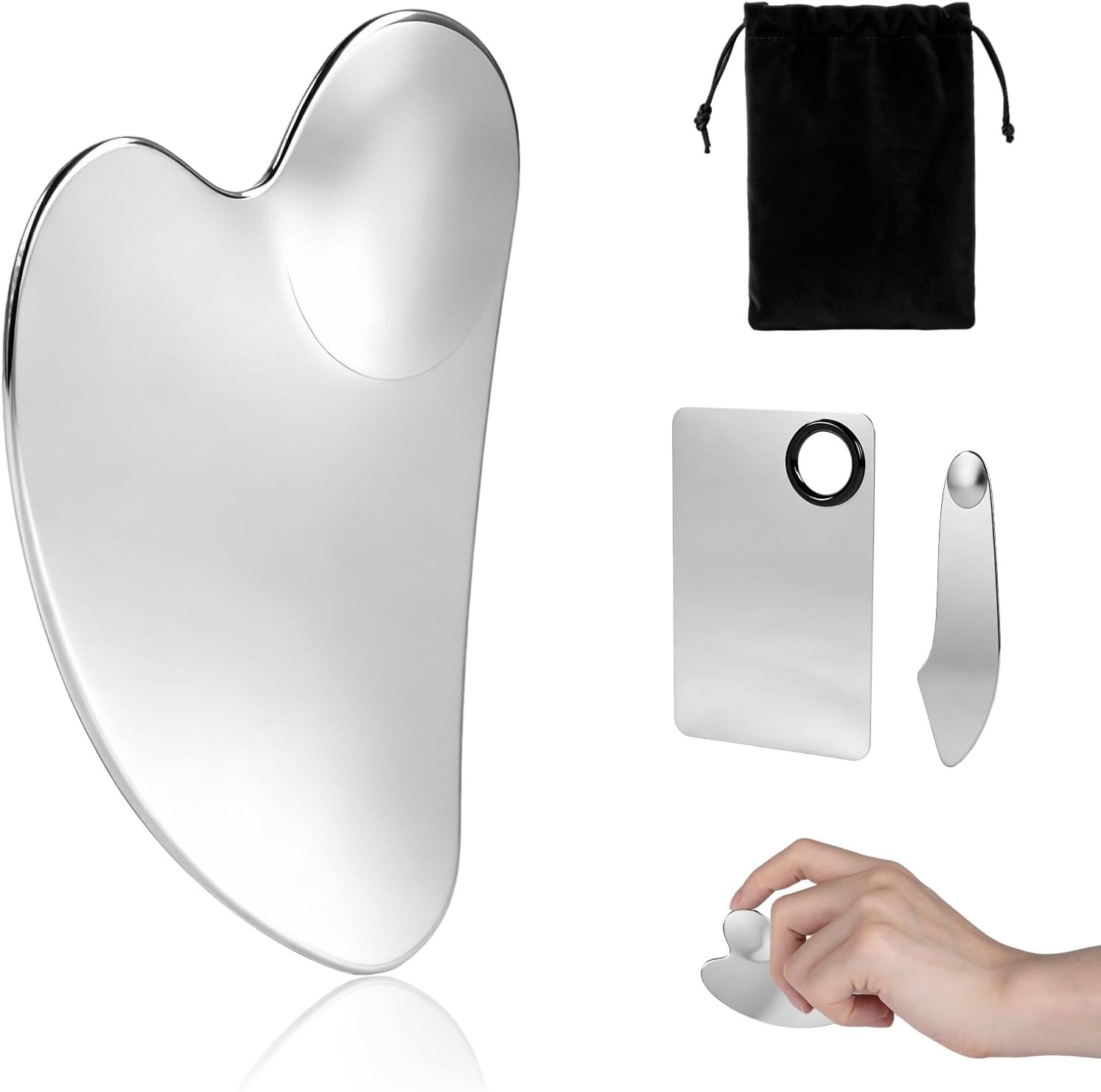 Carehabi Gua Sha visage en Acier Inoxydable avec Palette de Maquillage et Spatule, Outil de Massage Visage en Métal pour Soins de la Peau, Sculpter Mâchoire, Anti-Âge et Réduire les Poches