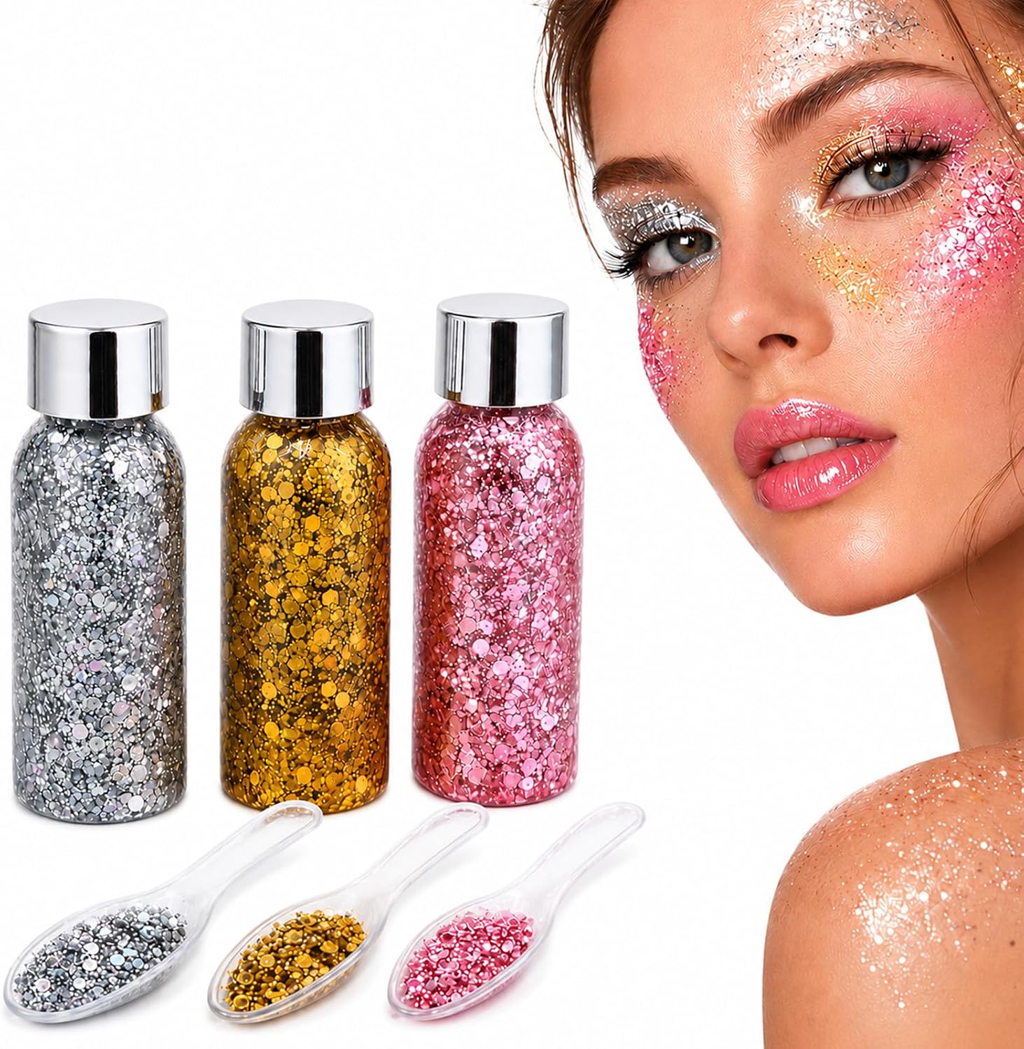 Carehabi 3 Bottle Gel Pailleté Visage et Corps Paillettes Visage Festival pour Cheveux Ongles Paillettes Cheveux Cosmétique Festival Carnaval Décoration, Étanche et Doux (Or, Argent, Rose)