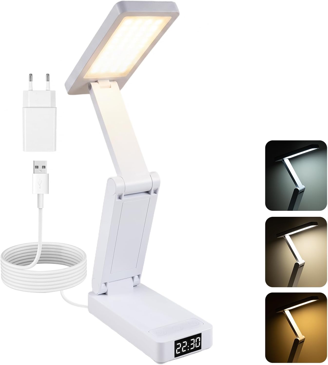 Carehabi Lampe de Bureau LED Pliable 3600 mAh Lampe de Table Rechargeable Sans Fil avec Contrôle Tactile Dimmable 3 Modes de Couleurs, Minuteur de 45 Minutes pour Lecture, Étude et Travail