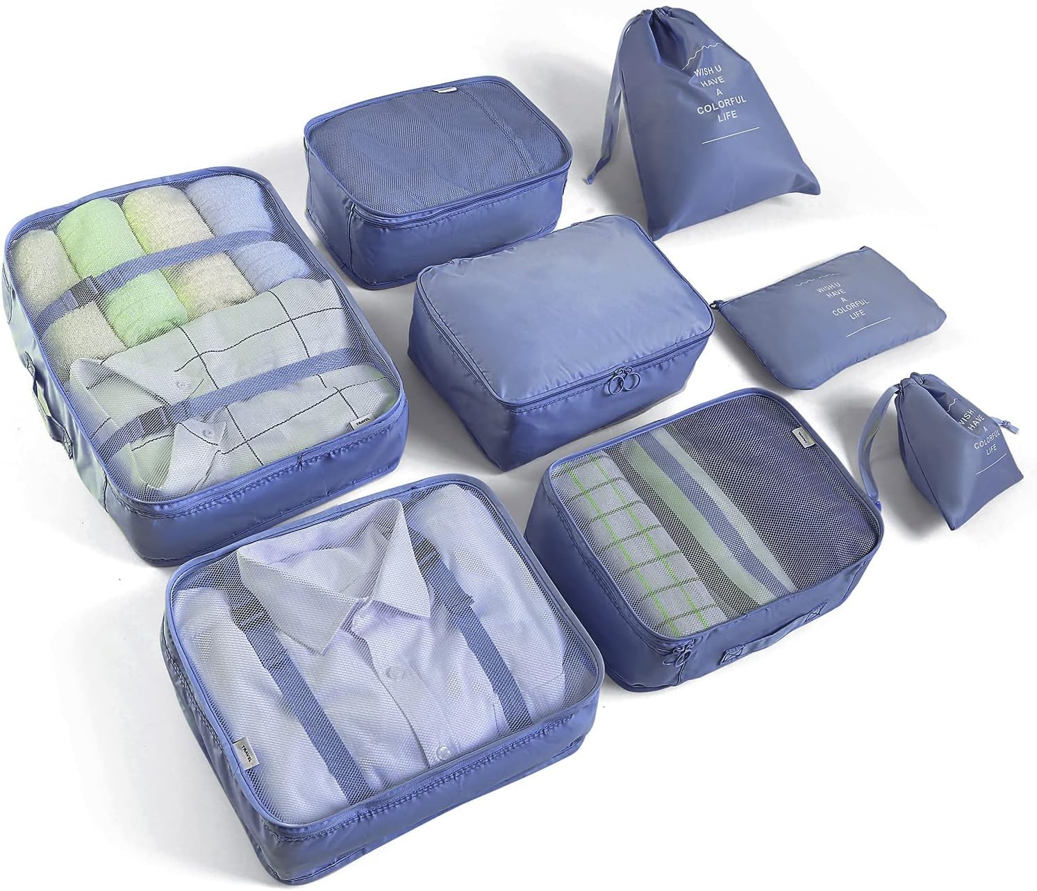 Organizer Valigia Set di 8 BillyBath Cubi di Imballaggio Organizer valigia viaggio lavanderia sacchetto dei Compressione Sacchetti organizer bag per i vestiti,Cosmetici,scarpe,Intimo, Blu
