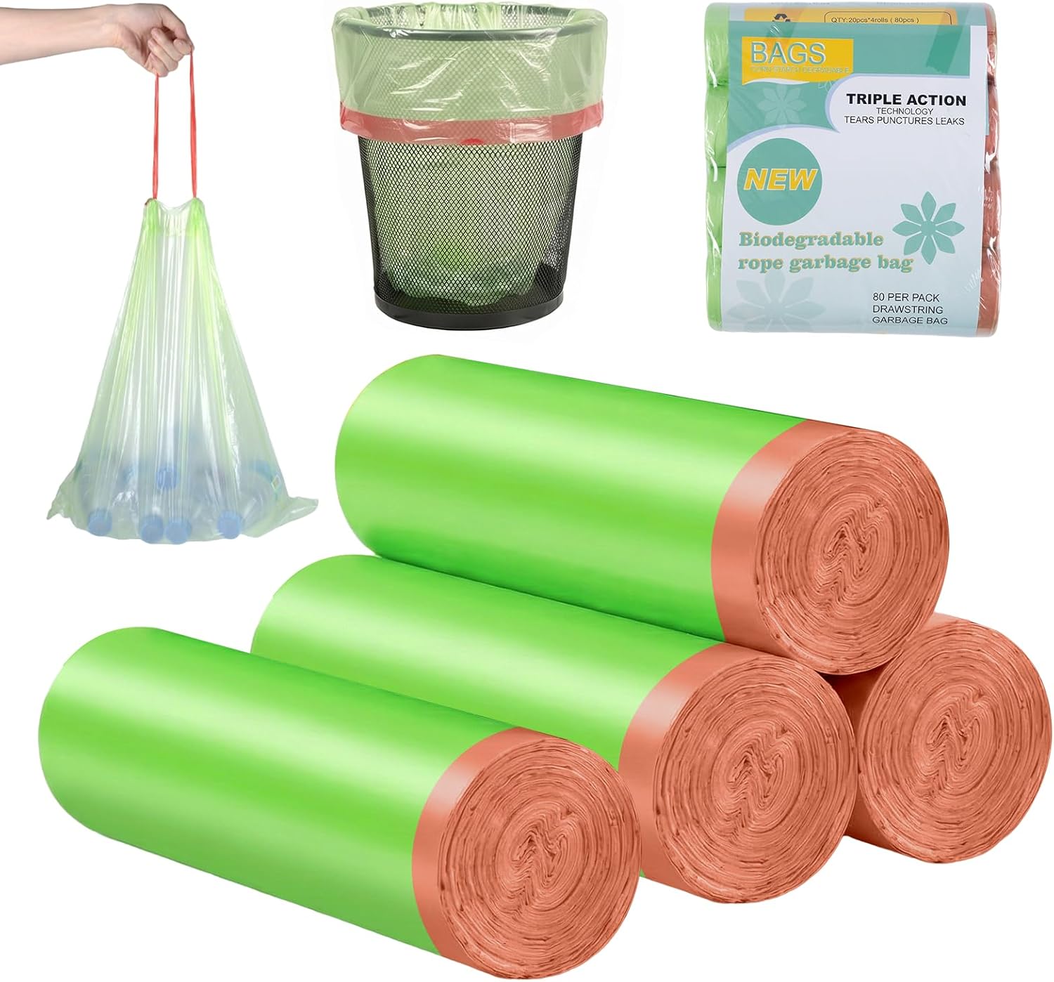 80 sacchetti per la spazzatura biologici, resistenti agli strappi e impermeabili, biodegradabili, per cucina, ufficio, soggiorno (larghezza 45 x altezza 50 cm)
