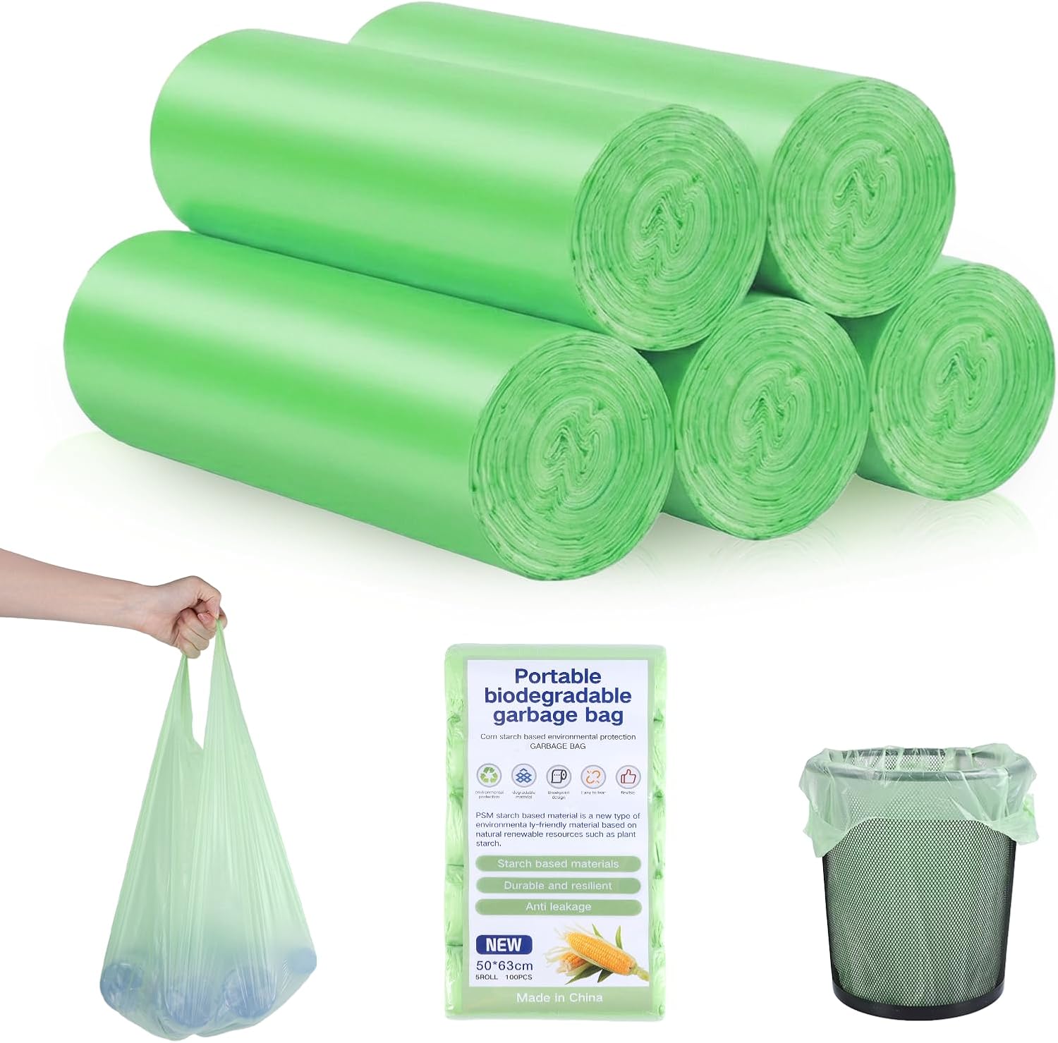 Müllbeutel Biomülltüten 20L 100 Stück Bio Müllbeutel Küchen Biomüllbeutel Reißfest und Wasserdicht Abfall Tüten Biologisch Abbaubar Beutel für Küche, Büro, Wohnzimmer(W50XH63cm,Grün)