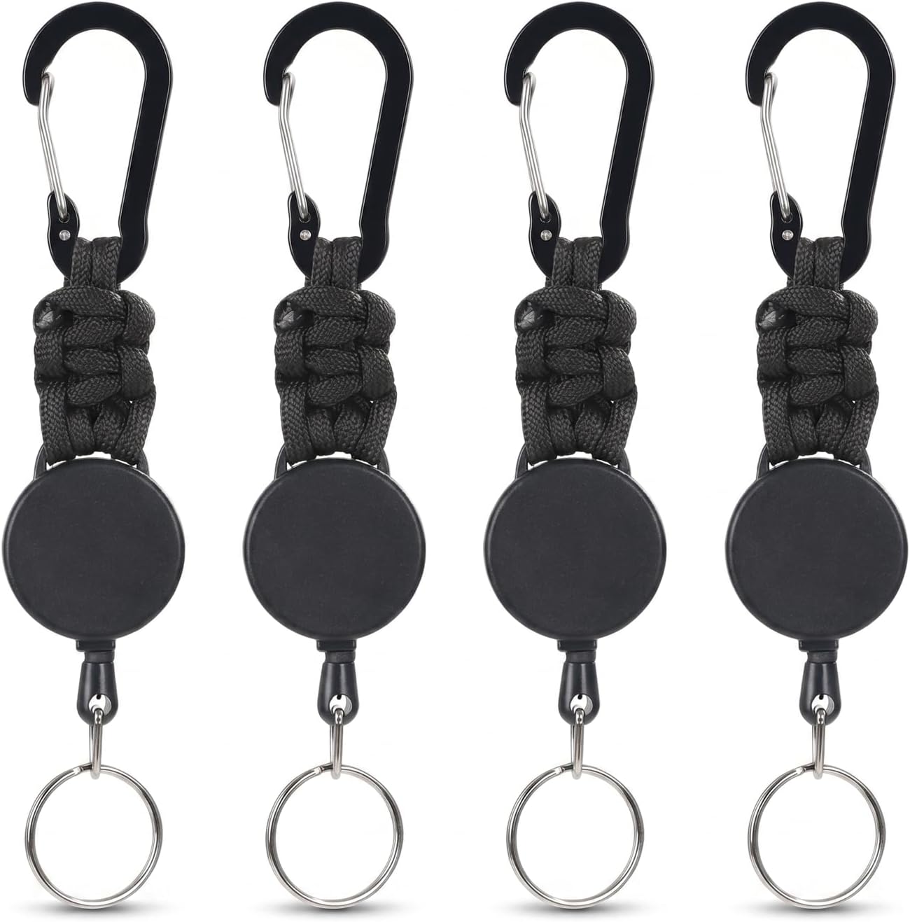 Carehabi 4 Stücke Schlüsselanhänger Ausziehbar, Einziehbarer Ausweishalter Schlüsselrolle für Schlüssel, Kartenhalter und Gürtelclip(Schwarz)