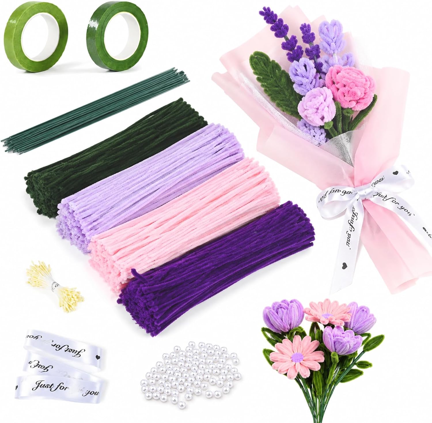 400 Pièces Fil Chenille, 8mm Kit de Fil Chenille Création Fleurs Violet
