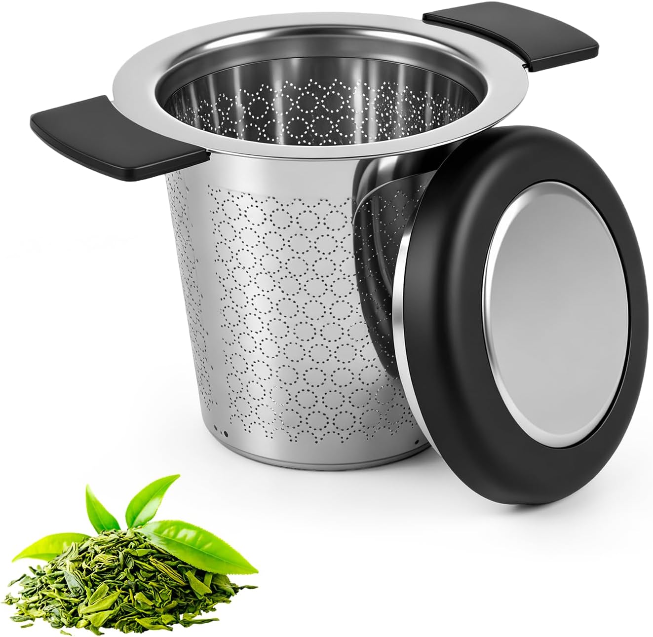 Infusore per Tisane in Acciaio Inossidabile, Filtro te infusione Con Coperchio e due Manici Silicone resistente al calore Maglia Ffine per Teiere e Tazze