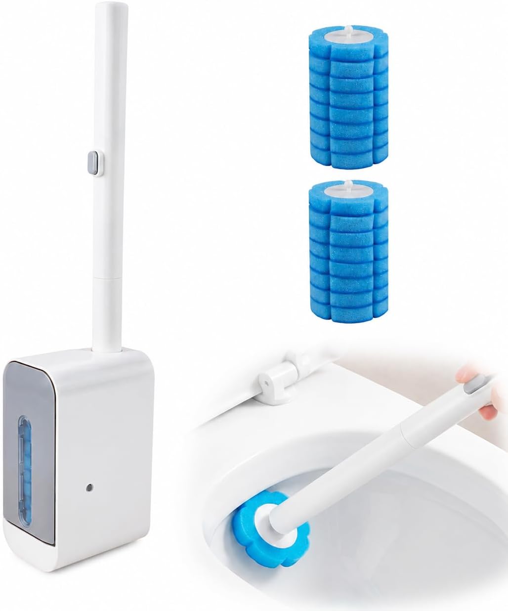 Toilettenbürste mit 16 Nachfüllungen, WC Bürste Set zur Wandmontage ohne Bohren, Flexible WC Schwammbürste mit Austauschbaren Reinigungsköpfen für Bad, Haushalt und Hotel