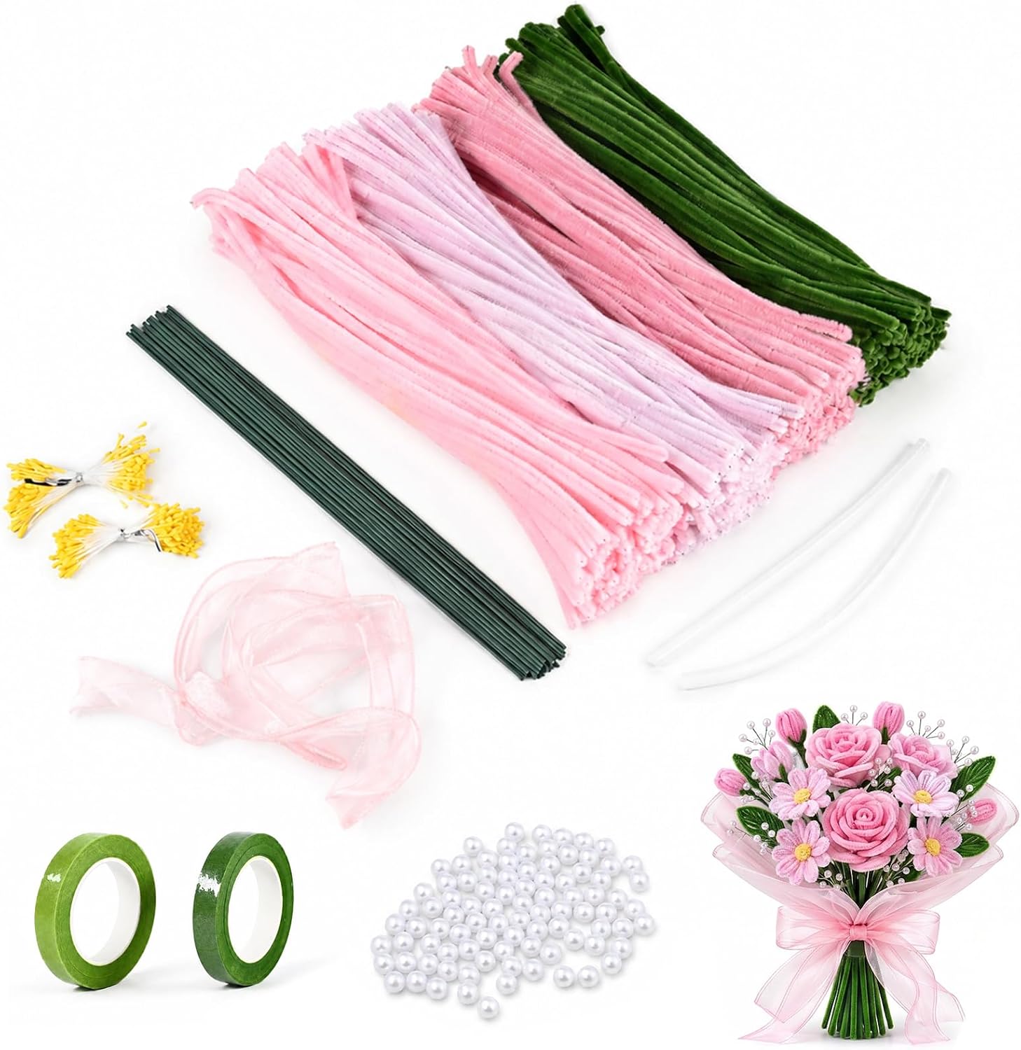 400 Stück Pfeifenreiniger Blumen Set, 8mm Rosa Pfeifenputzer zum Basteln